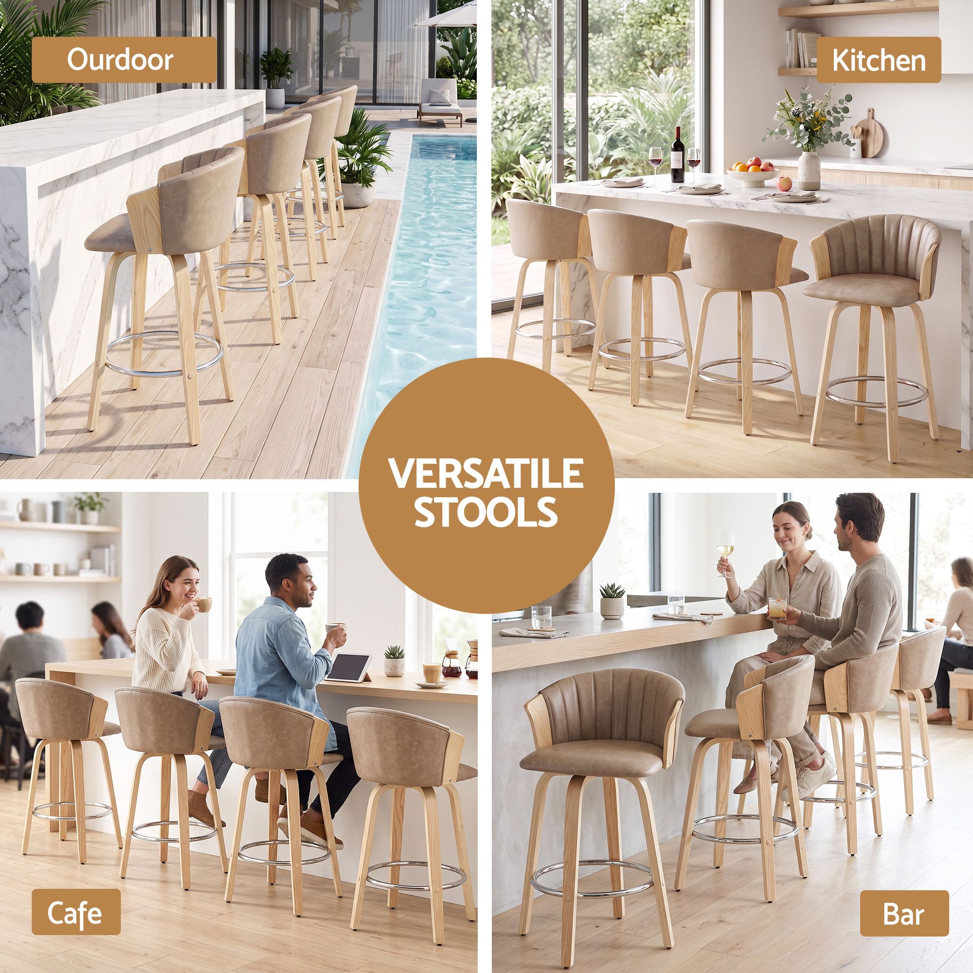 Artiss Wooden Bar Stools Set of 4 Swivel Kitchen Counter Stools Chair 66cm Khaki Bedworld
