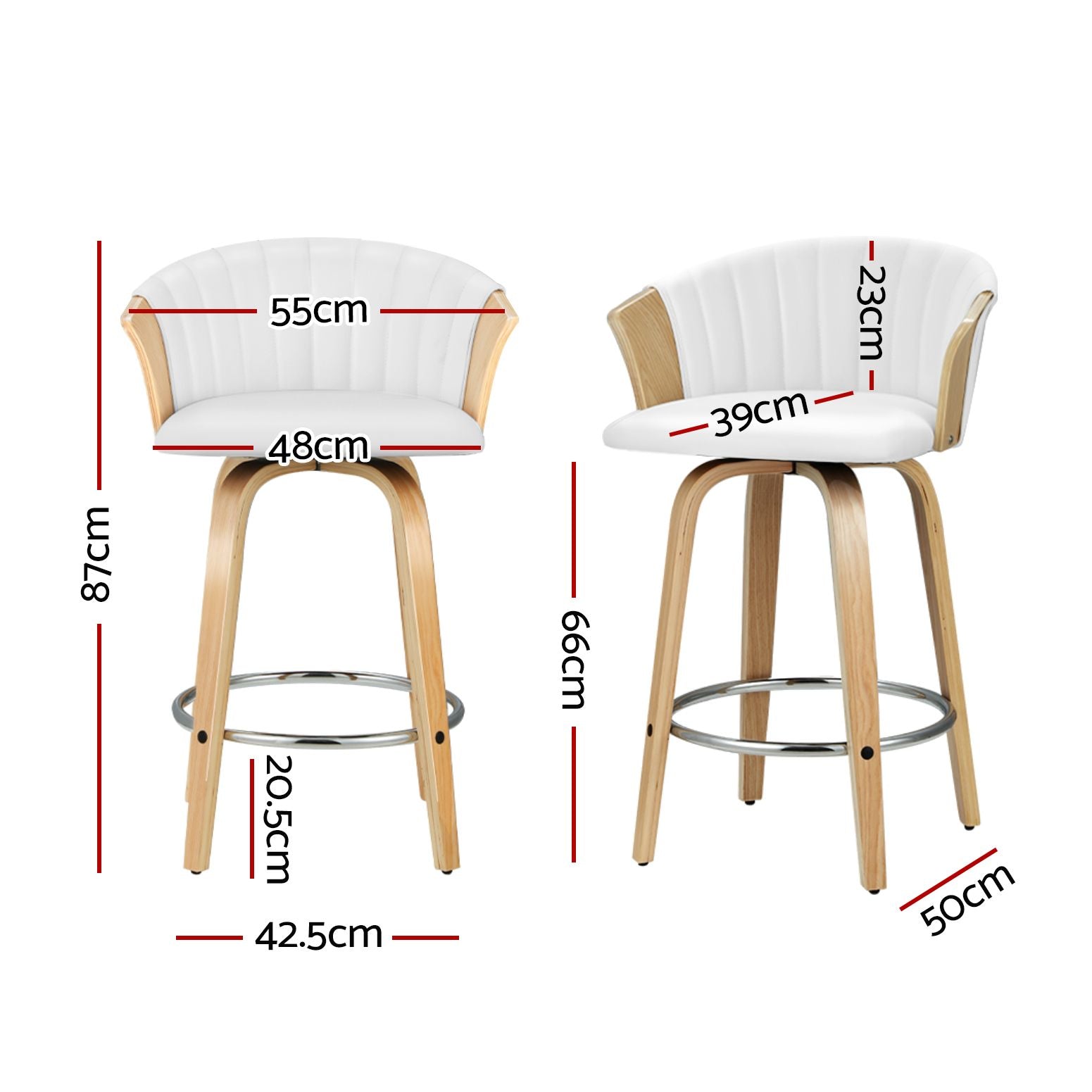 Two white upholstered swivel bar stools with curved wooden back and chrome footrest.