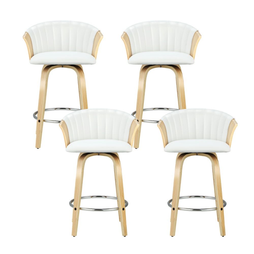 Four white padded swivel bar stools with curved wooden backs and chrome footrest.