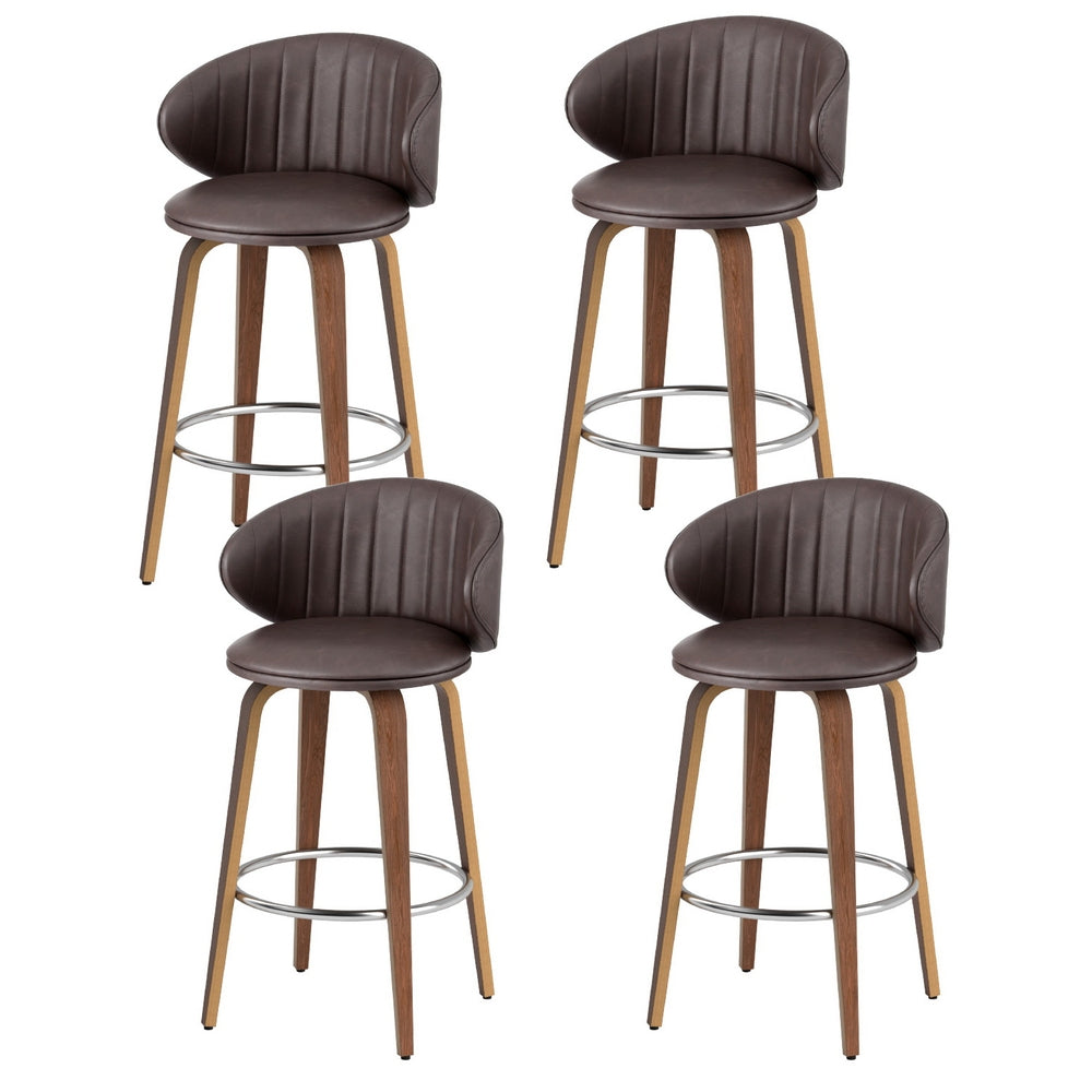 Bar stool set with dark brown padded seat, curved backrest, chrome footrest, wooden legs