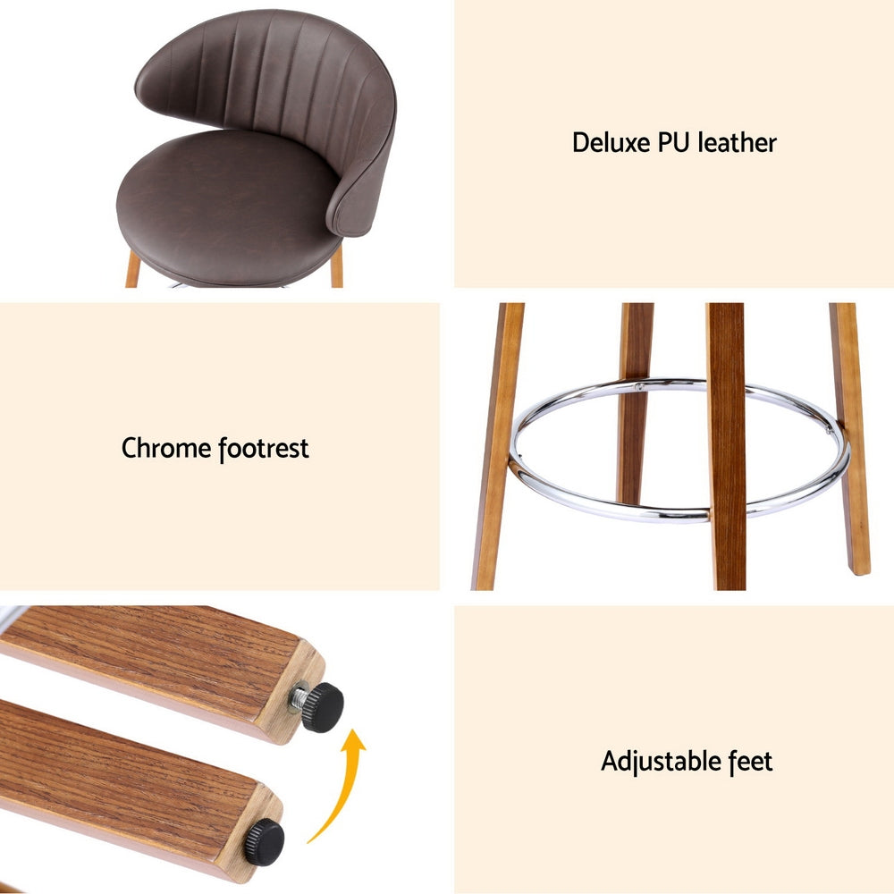 Bar stool detail: chrome footrest, dark brown cushioned seat, adjustable feet, wood frame