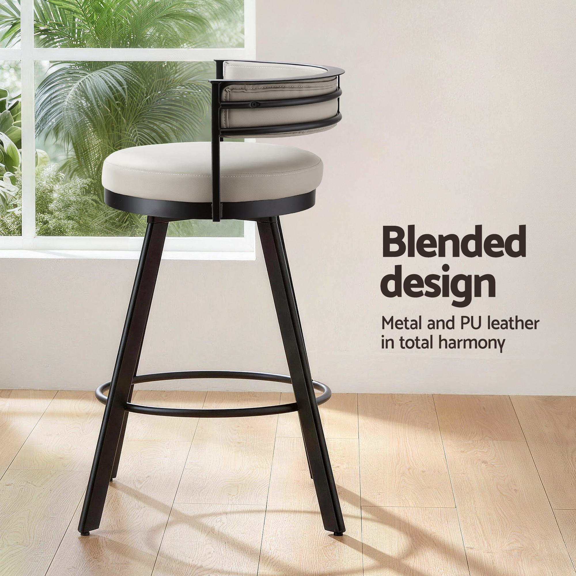 Artiss Bar Stools Set of 2 Swivel Kitchen Chair Metal Counter Beige Leather Bedworld