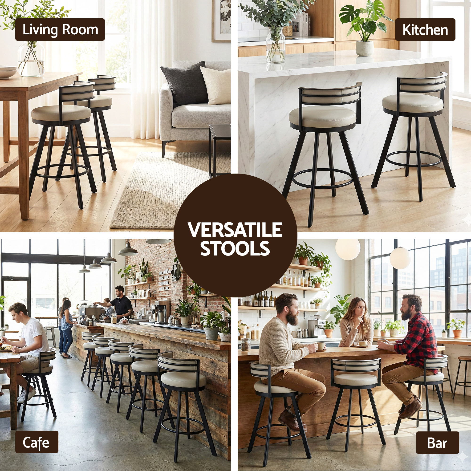 Artiss Bar Stools Set of 2 Swivel Kitchen Chair Metal Counter Beige Leather Bedworld