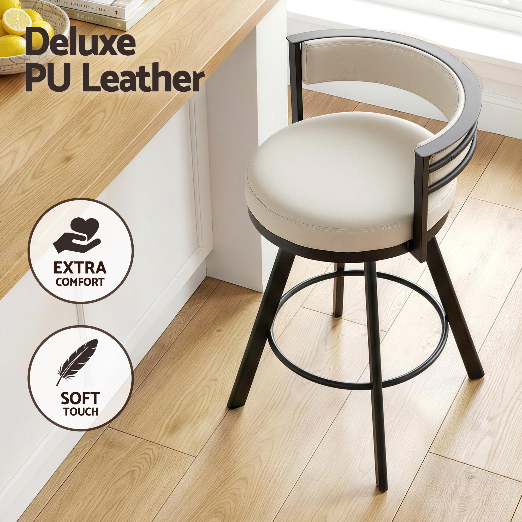 Artiss Bar Stools Set of 2 Swivel Kitchen Chair Metal Counter Beige Leather Bedworld