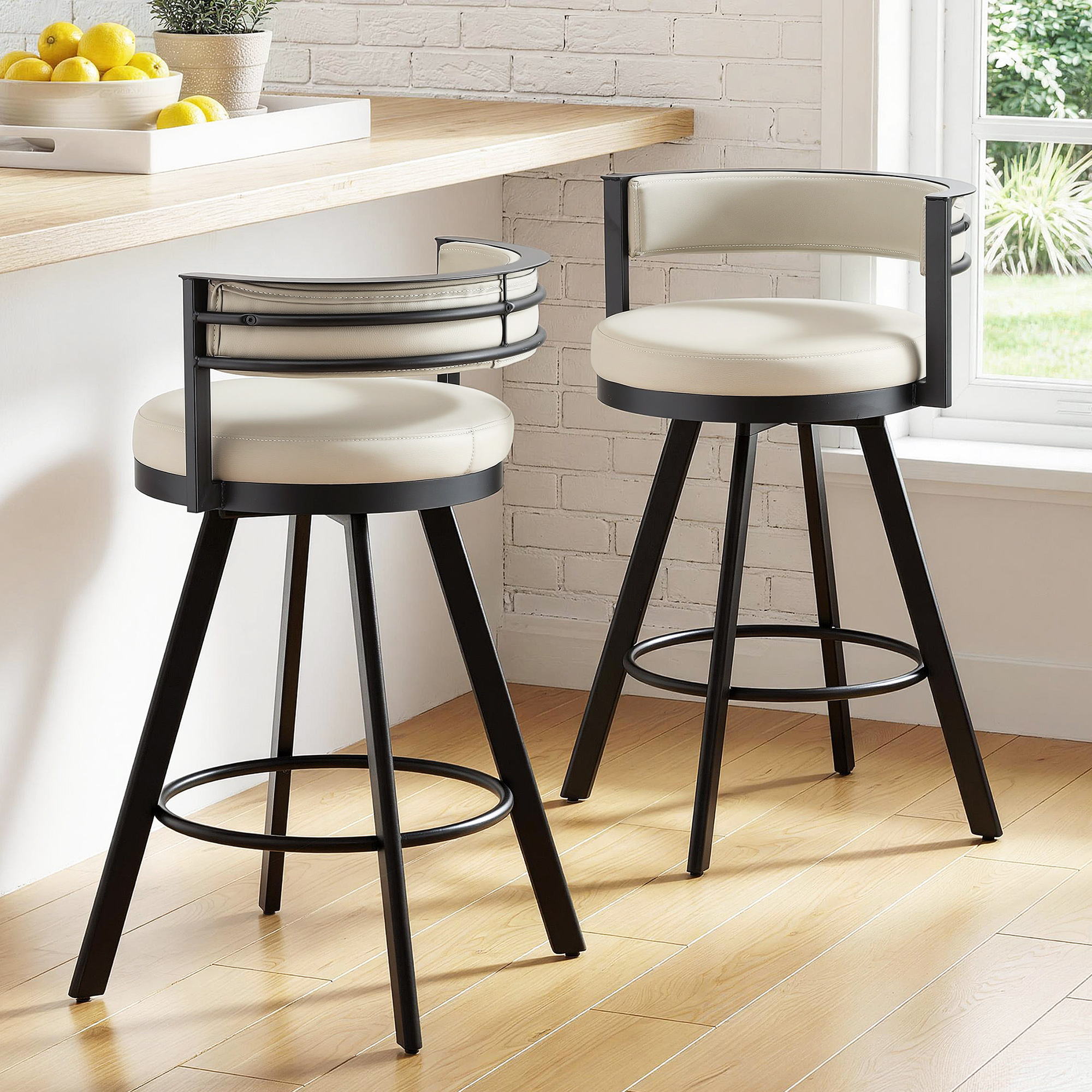 Artiss Bar Stools Set of 2 Swivel Kitchen Chair Metal Counter Beige Leather Bedworld