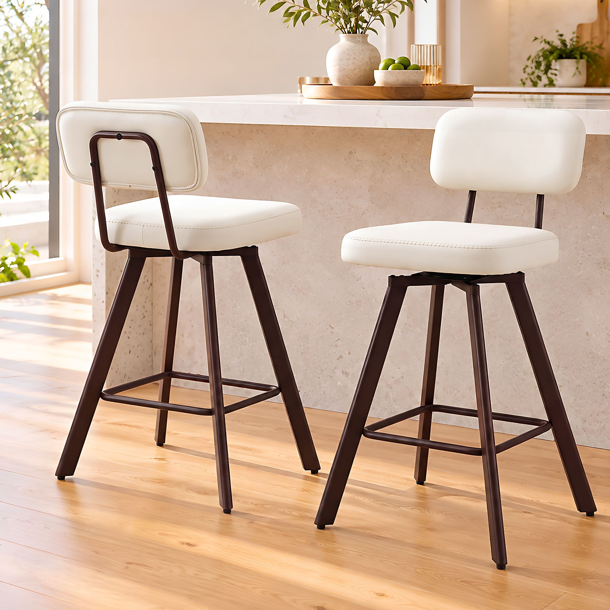 Artiss Bar Stools Set of 2 Swivel Counter 68cm Height Stools w/ Padded Backrest Beige Bedworld