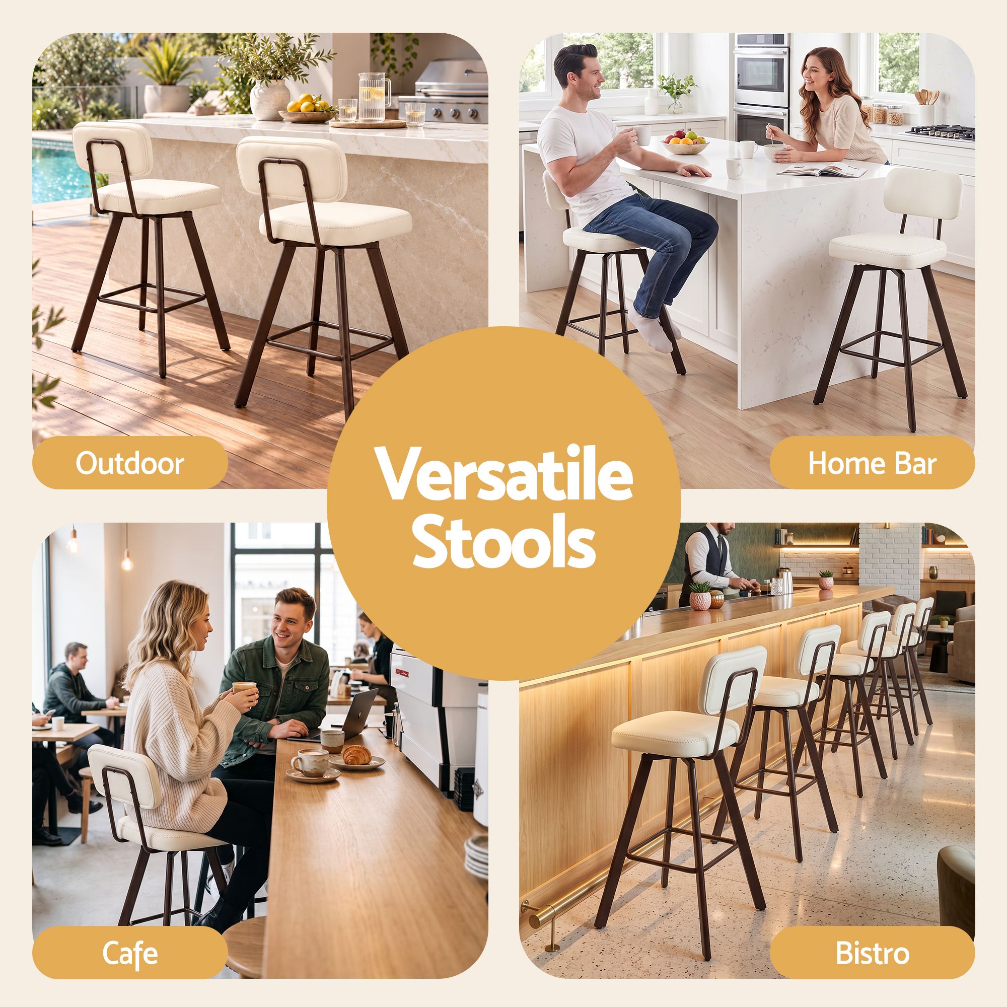 Artiss Bar Stools Set of 2 Swivel Counter 68cm Height Stools w/ Padded Backrest Beige Bedworld