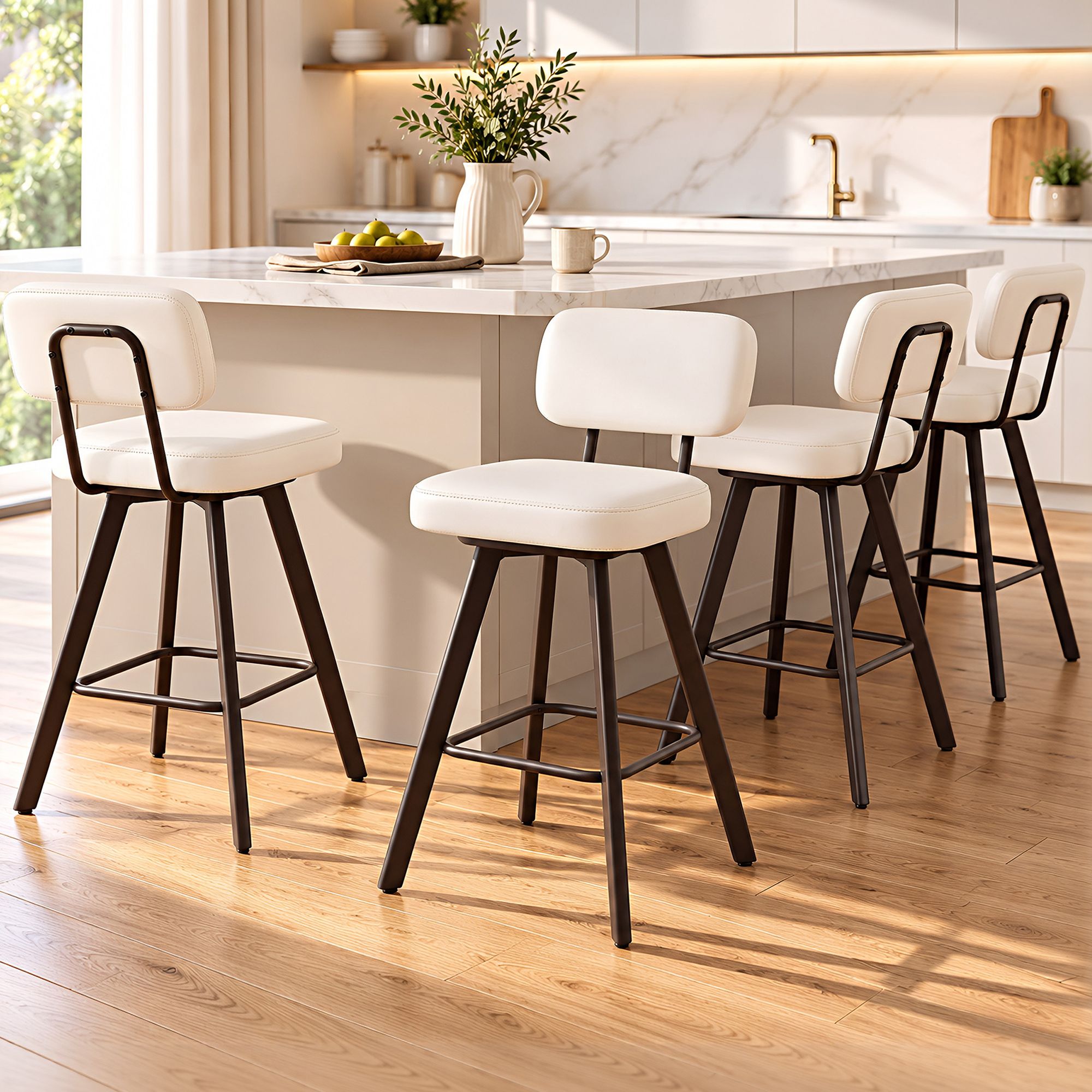 Artiss Bar Stools Set of 4 Swivel Counter 68cm Height Stools w/ Padded Backrest Beige Bedworld