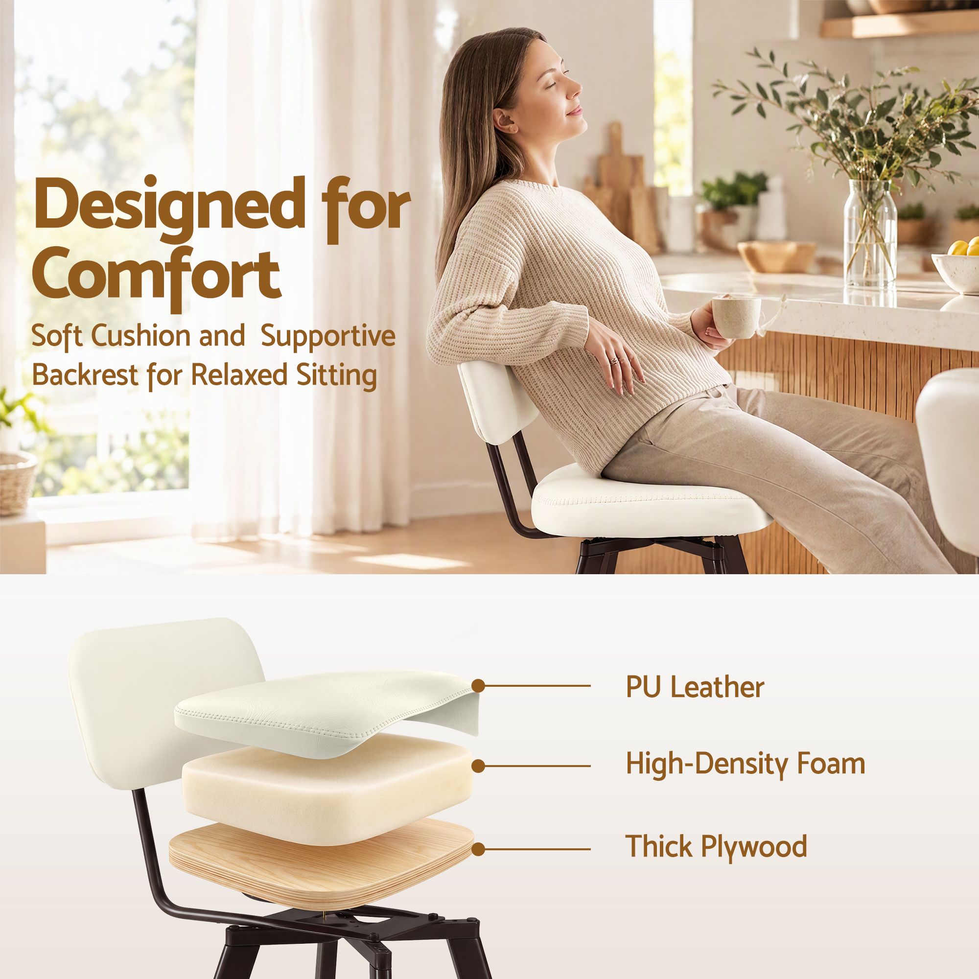 Artiss Bar Stools Set of 4 Swivel Counter 68cm Height Stools w/ Padded Backrest Beige Bedworld