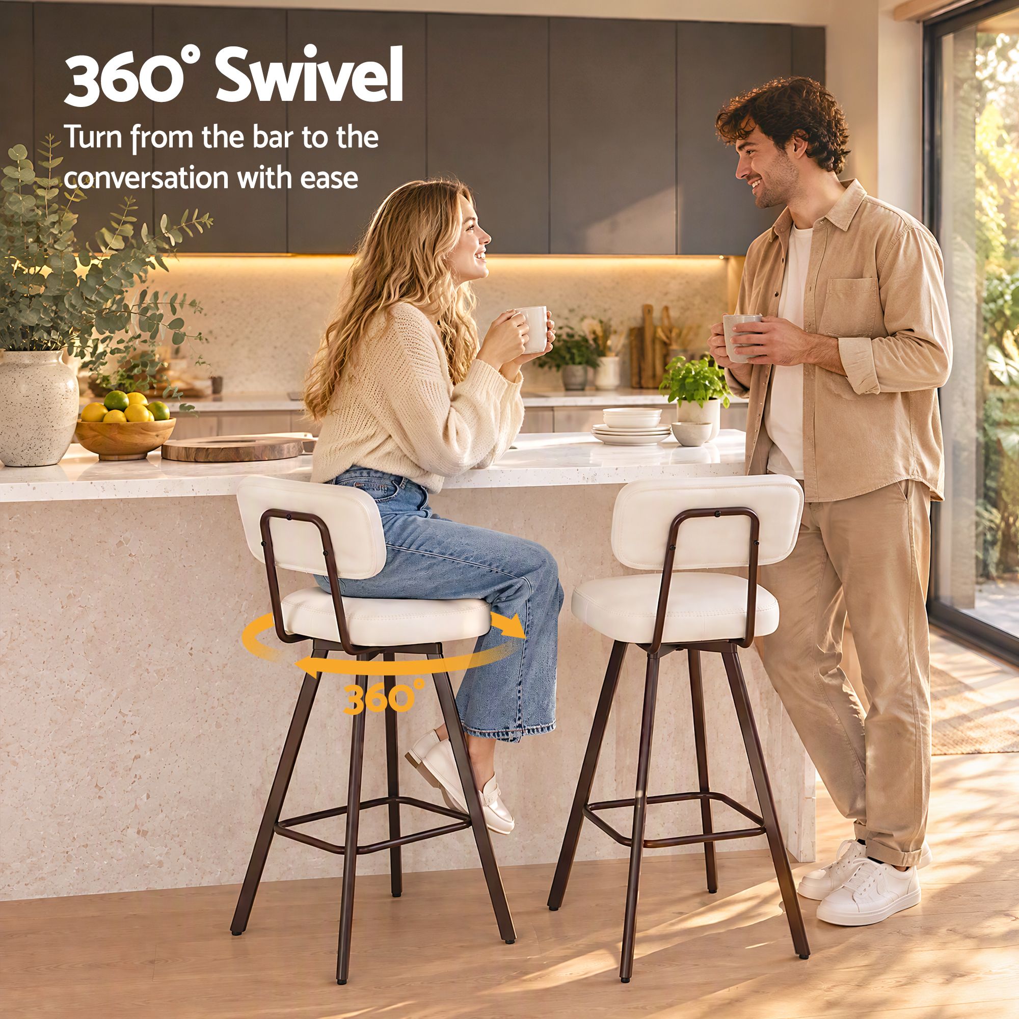 Artiss Bar Stools Set of 4 Swivel Counter 68cm Height Stools w/ Padded Backrest Beige Bedworld