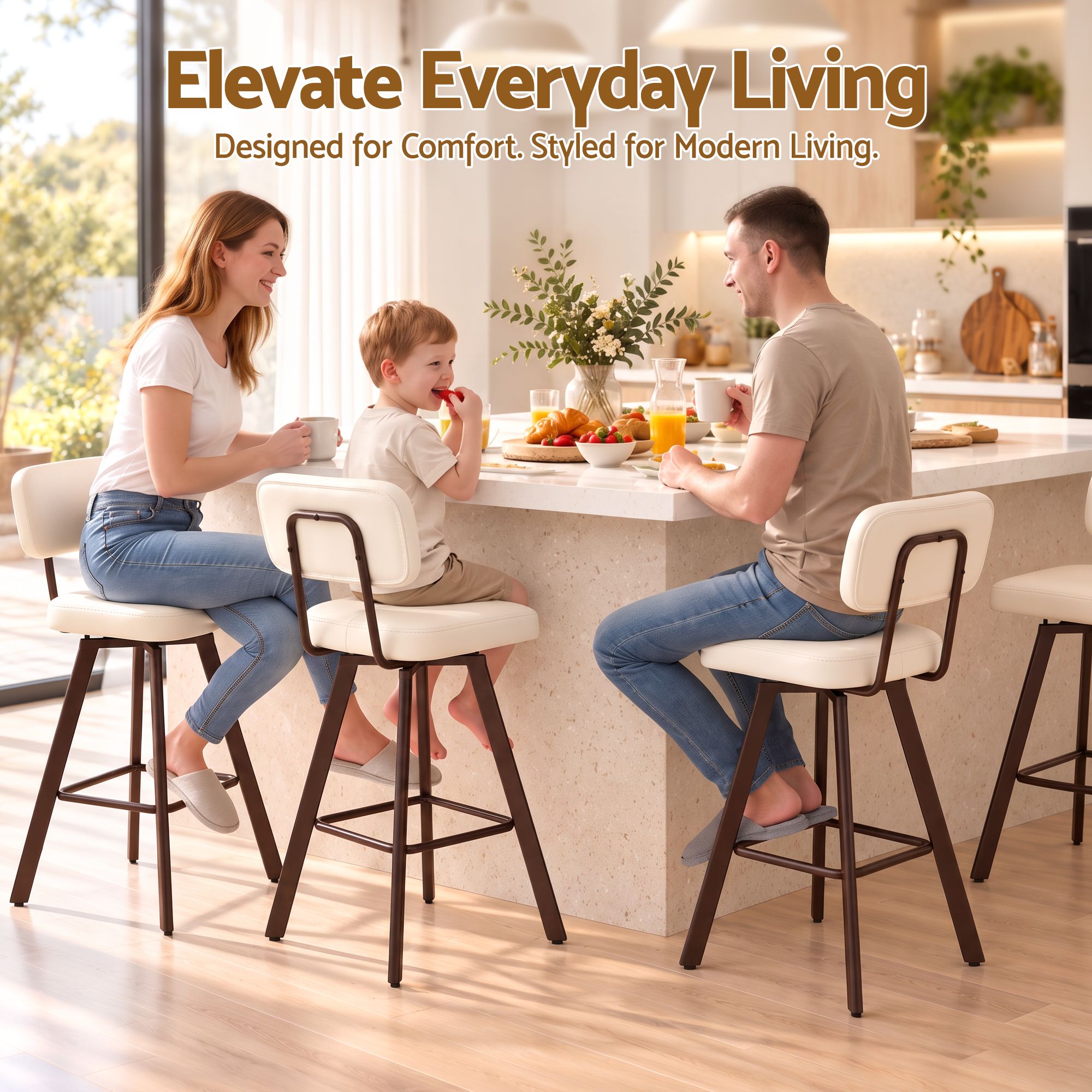 Artiss Bar Stools Set of 4 Swivel Counter 68cm Height Stools w/ Padded Backrest Beige Bedworld