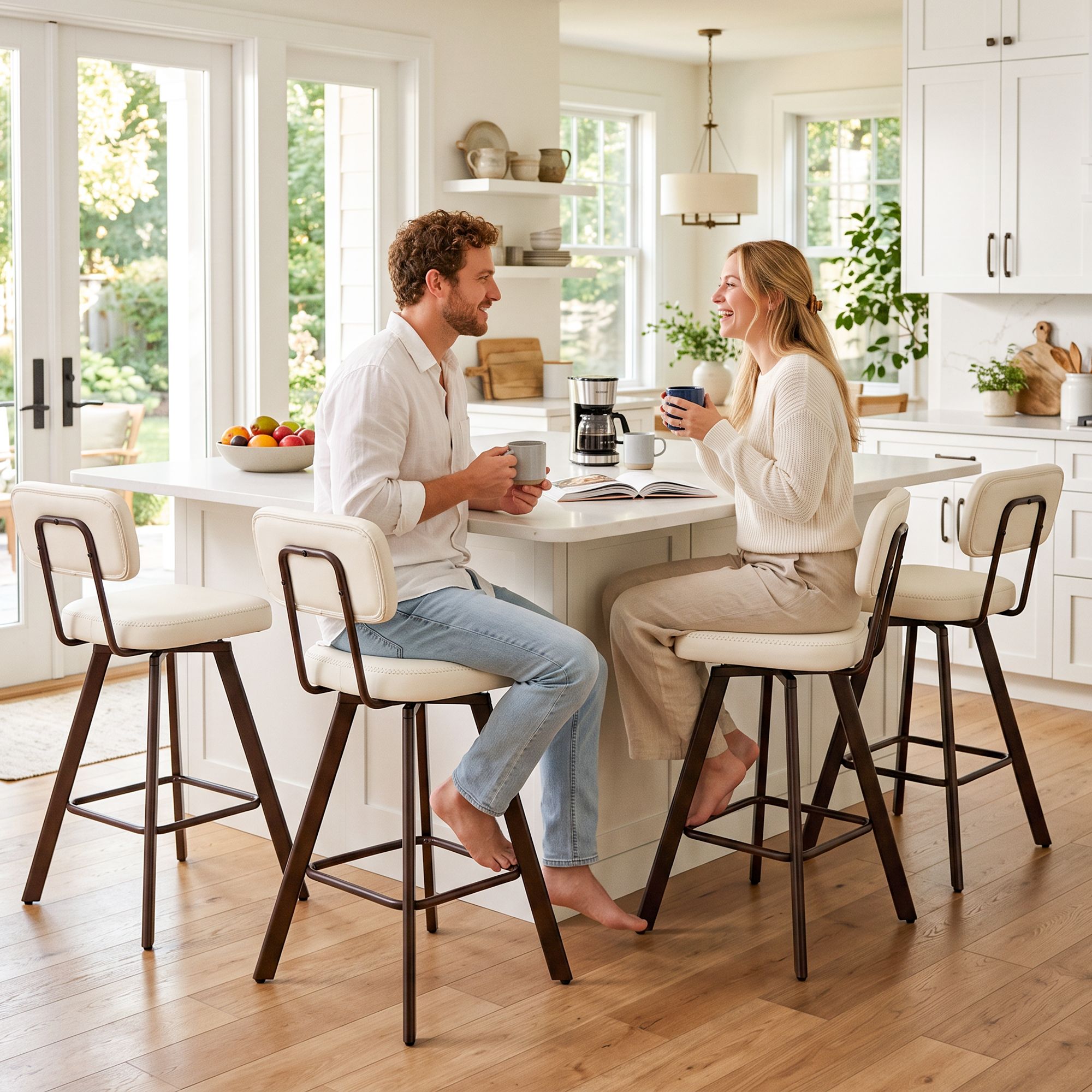 Artiss Bar Stools Set of 4 Swivel Counter 68cm Height Stools w/ Padded Backrest Beige Bedworld