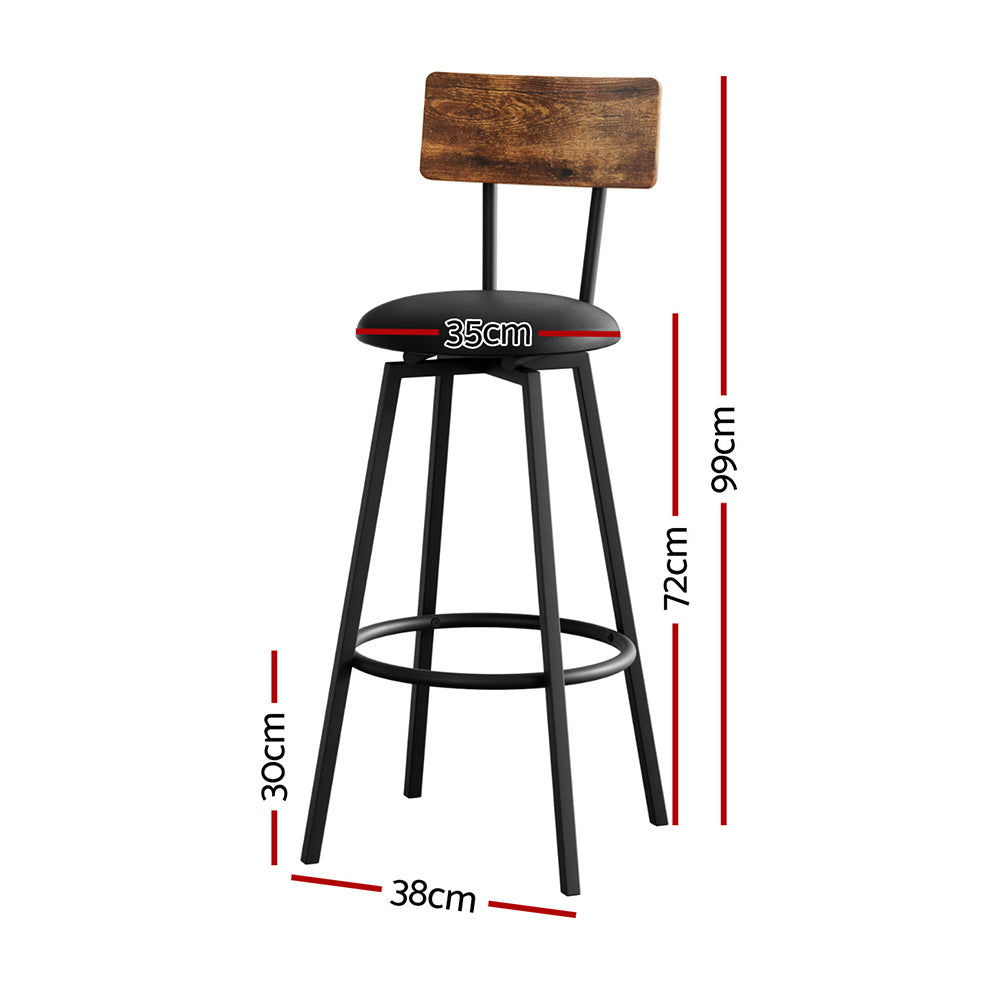 Tall industrial bar stool with black round seat, brown backrest, circular footrest, steel frame