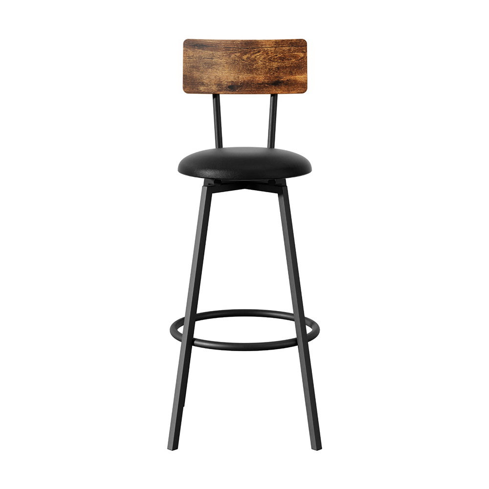 Industrial bar stool with black round seat cushion, brown backrest, and black steel legs