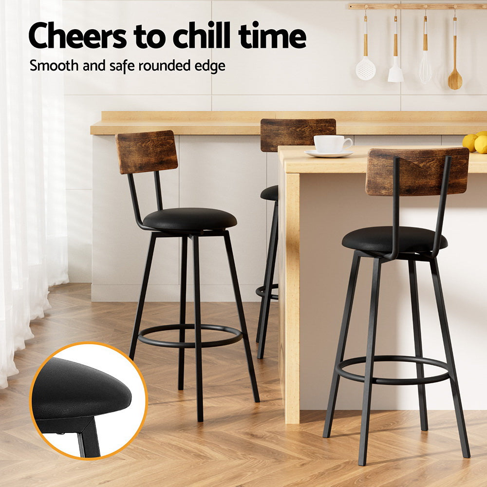 Pair of industrial bar stools with black seats and brown backrests, arched footrest