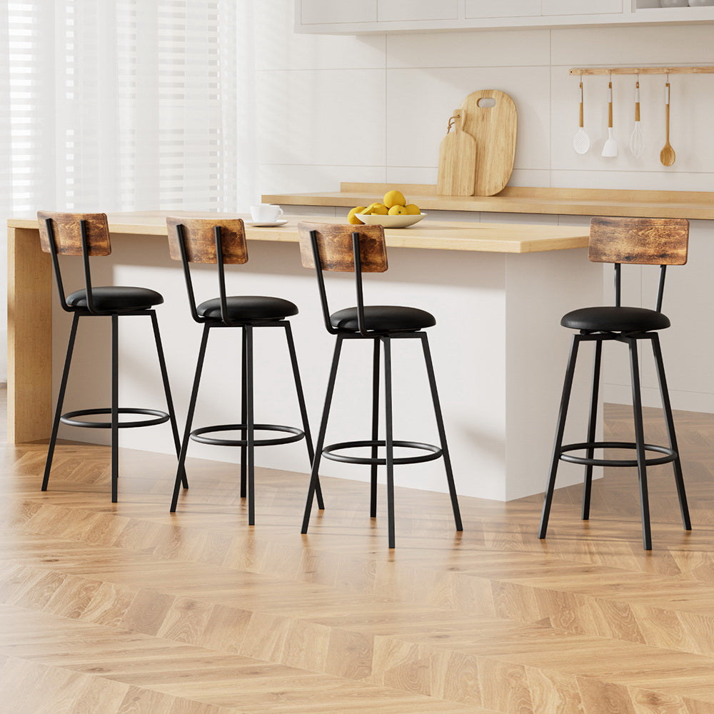Group of industrial bar stools with black seats and brown backrests, black steel frames