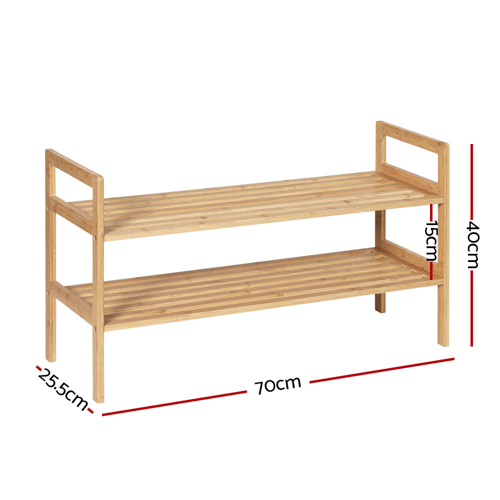Bamboo shoe rack with two open shelves and side frames, side view with legs.