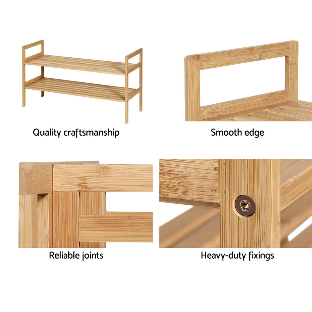 Bamboo shoe rack with smooth edges and reinforced joints, two-tier open design detail.
