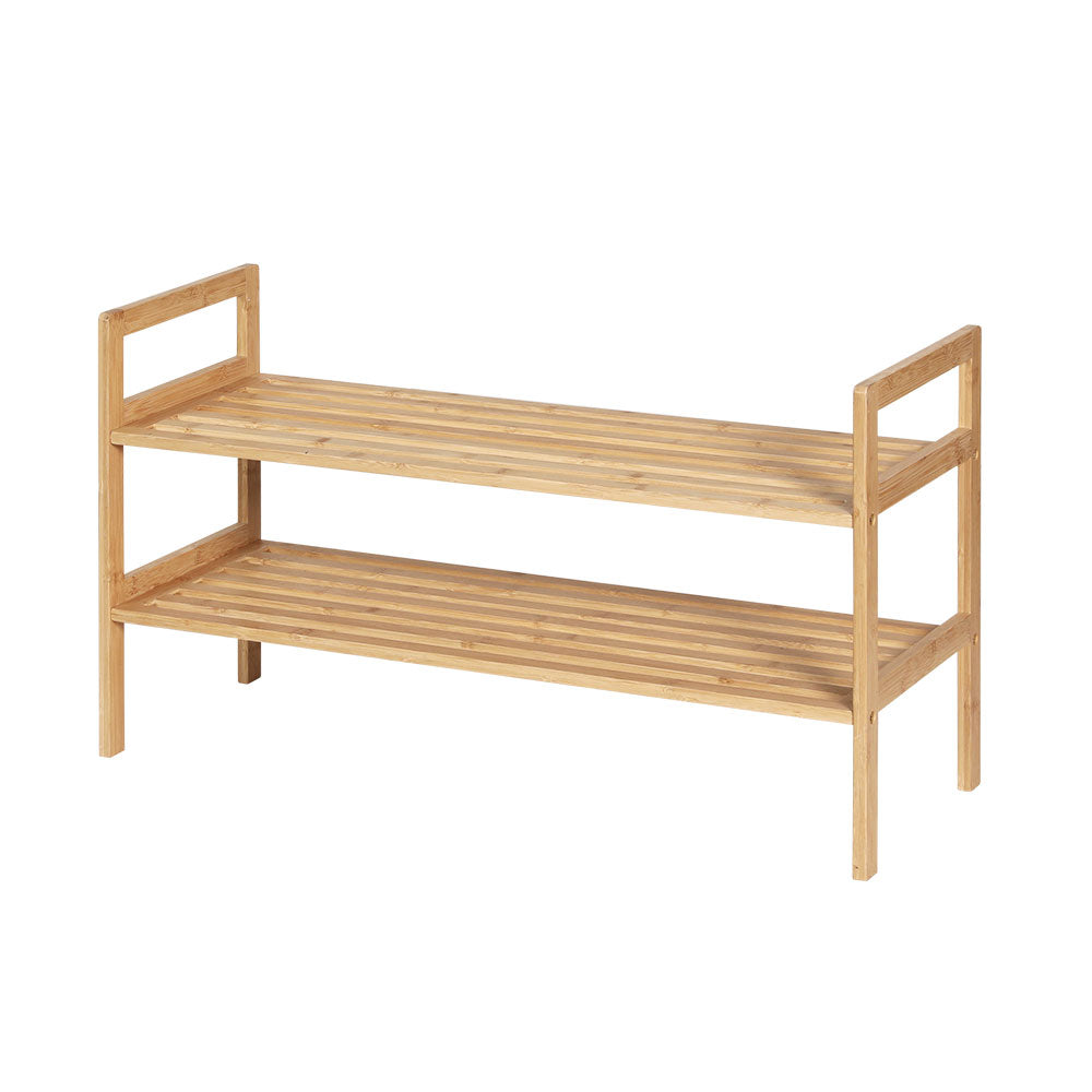 Bamboo two-tier shoe rack with side rails and slatted shelves, empty.