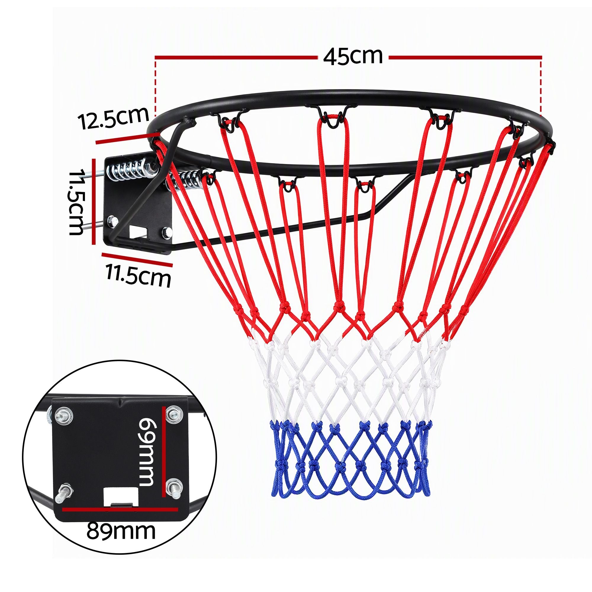 Everfit Basketball Hoop Ring 45cm Wall Mounted Steel Rim with Net and Twin Springs for Outdoor Practice Black Bedworld