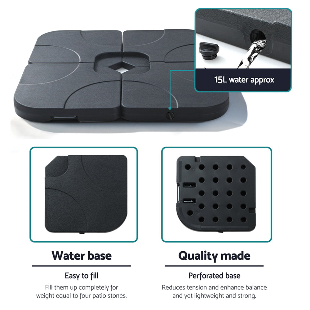 Perforated water-fill umbrella base with four dark pads and center socket