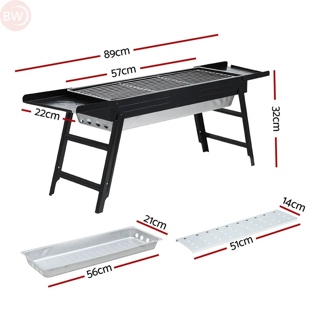 Foldable charcoal grill with dimensions shown; includes cooking rack and ash tray