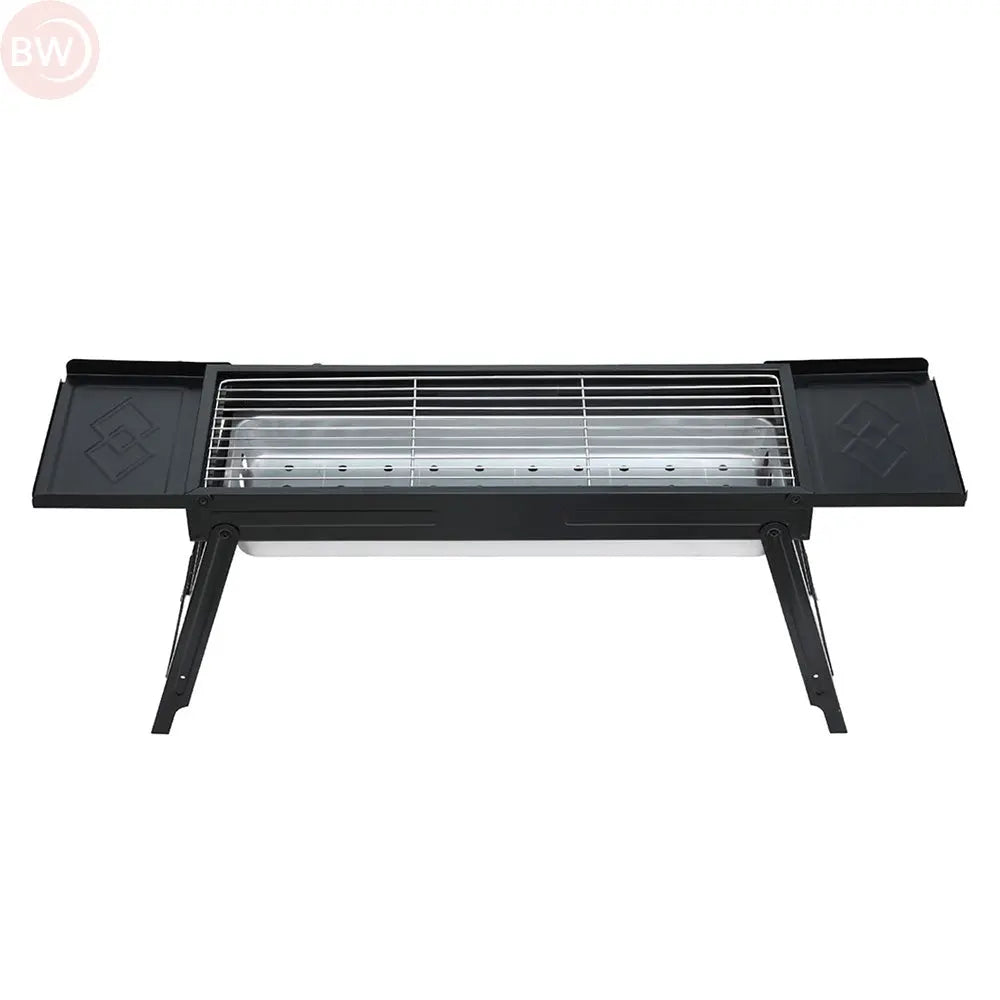 Black charcoal grill body with cooking grate and side supports