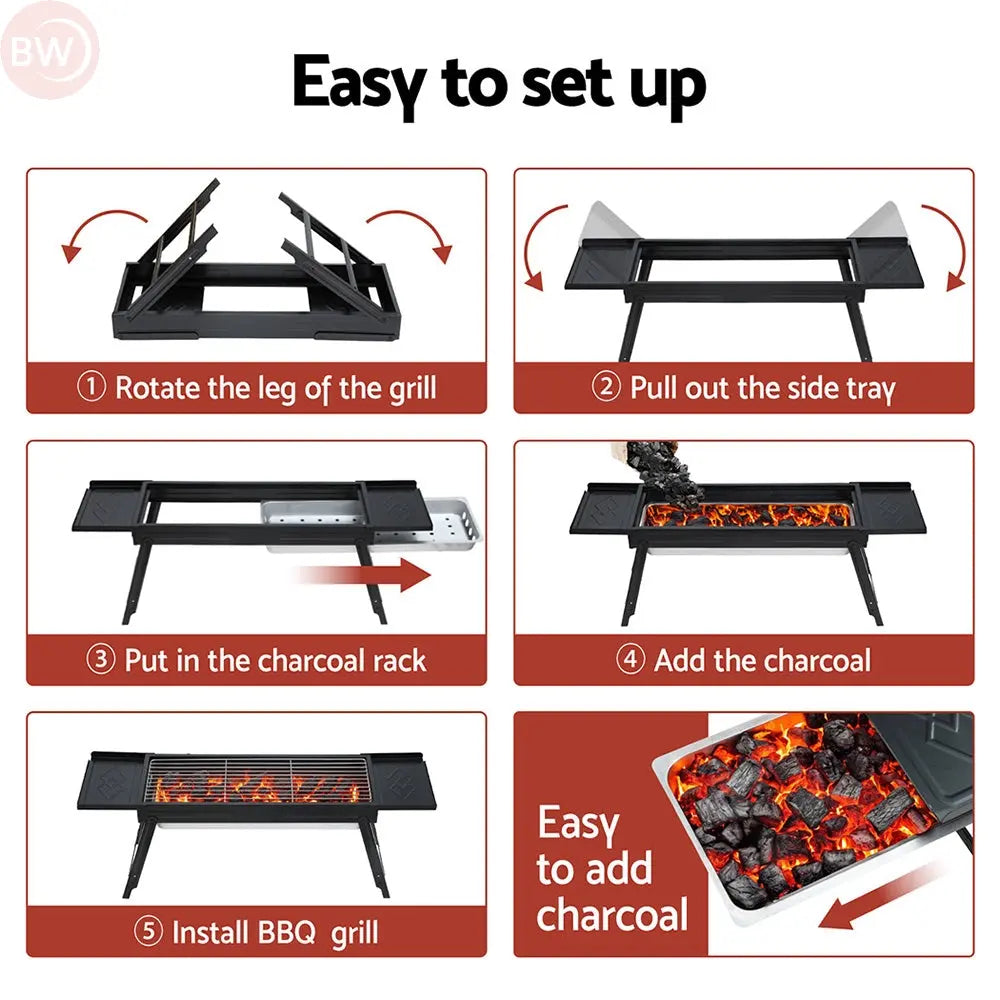 Charcoal grill setup steps showing side tray and charcoal rack assembly