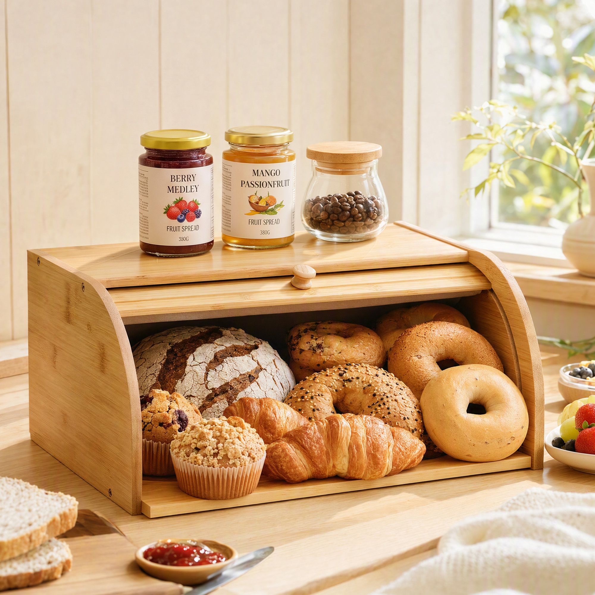 Artiss Bamboo Bread Box Bin Roll Top Kitchen Countertop Storage 45cm Natural Bedworld