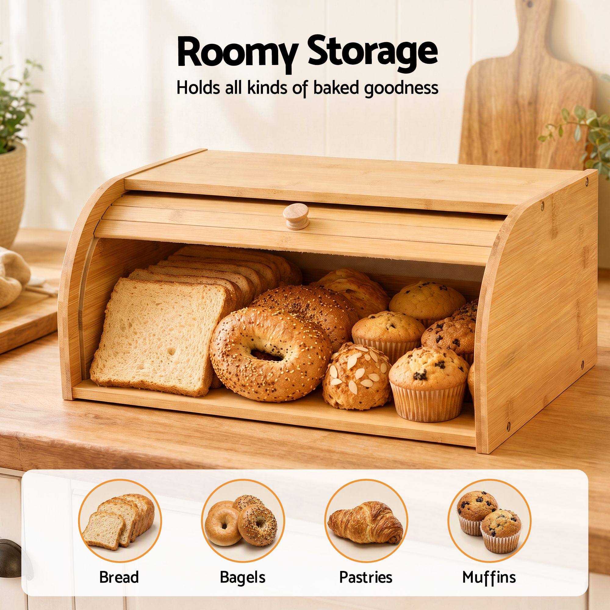 Artiss Bamboo Bread Box Bin Roll Top Kitchen Countertop Storage 45cm Natural Bedworld