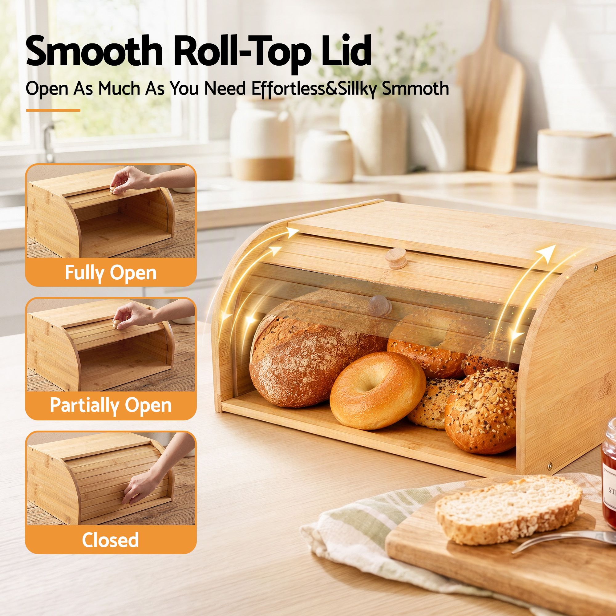 Artiss Bamboo Bread Box Bin Roll Top Kitchen Countertop Storage 45cm Natural Bedworld