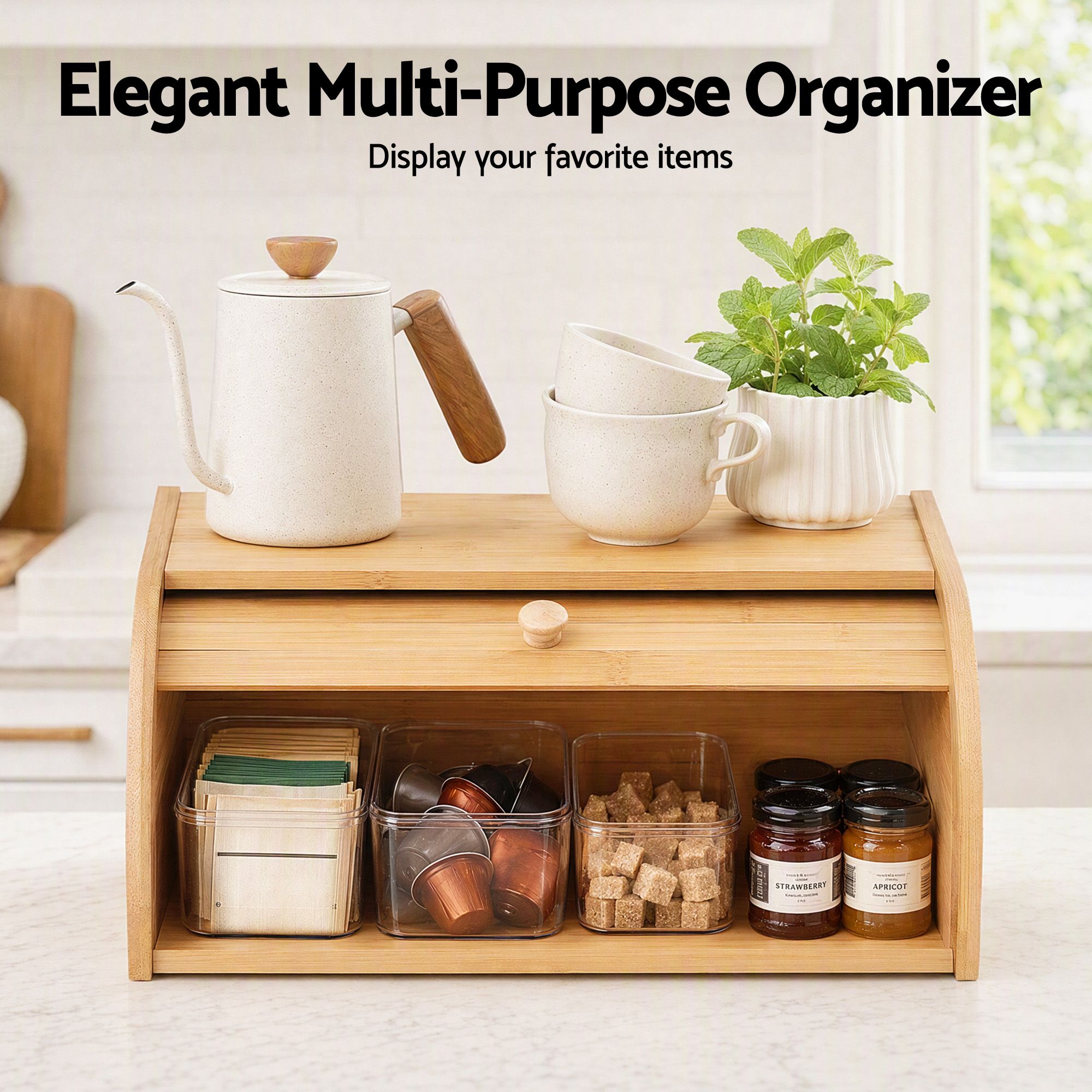 Artiss Bamboo Bread Box Bin Roll Top Kitchen Countertop Storage 45cm Natural Bedworld