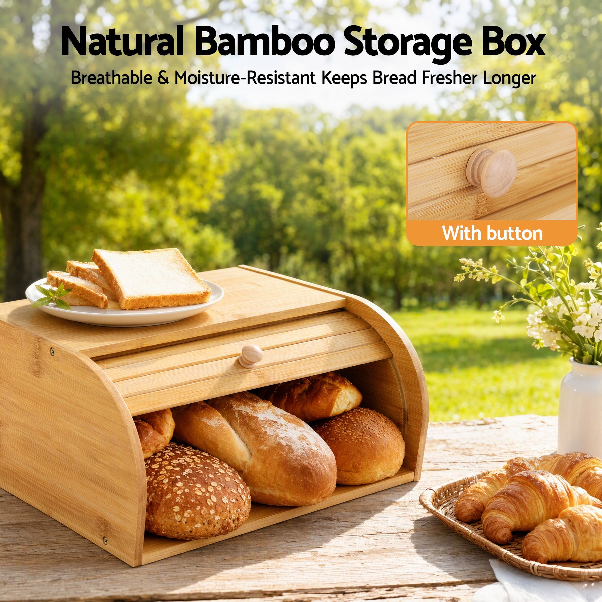 Artiss Bamboo Bread Box Bin Roll Top Kitchen Countertop Storage 45cm Natural Bedworld