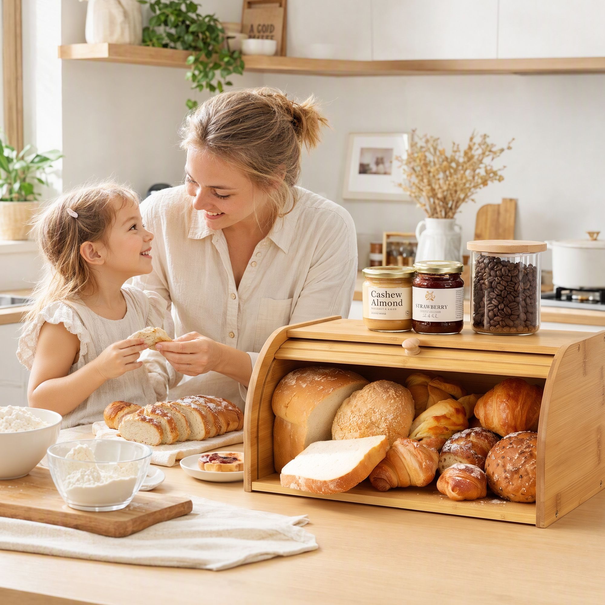Artiss Bamboo Bread Box Bin Roll Top Kitchen Countertop Storage 45cm Natural Bedworld