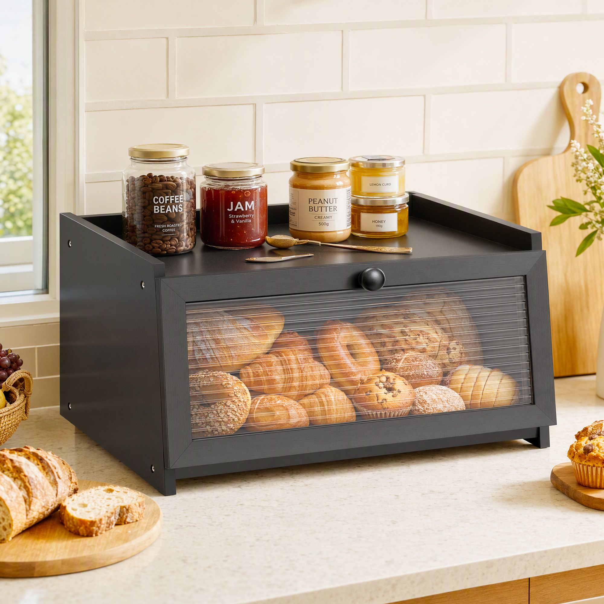 Artiss Bamboo Bread Box Kitchen Countertop Storage Clear Window Shelf 40cm Black Bedworld