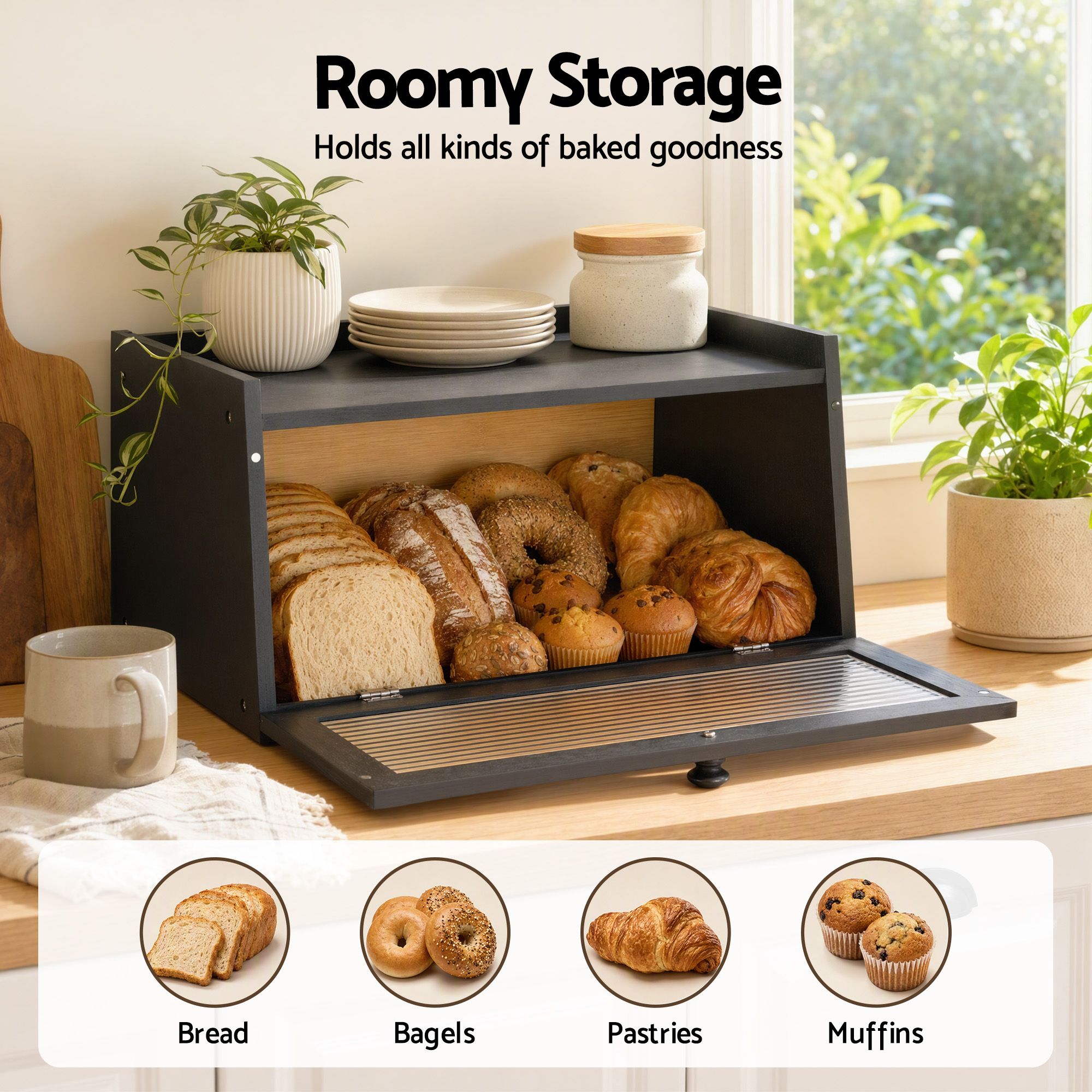 Artiss Bamboo Bread Box Kitchen Countertop Storage Clear Window Shelf 40cm Black Bedworld