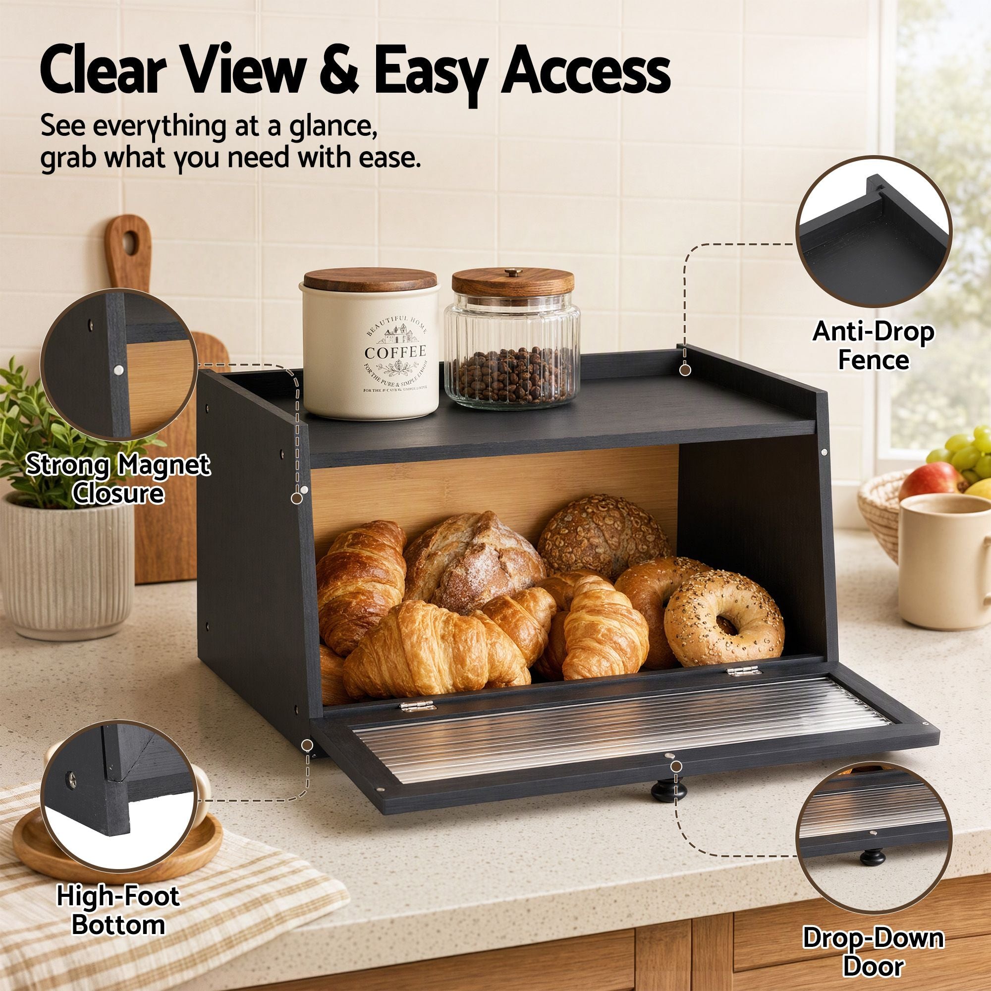 Artiss Bamboo Bread Box Kitchen Countertop Storage Clear Window Shelf 40cm Black Bedworld