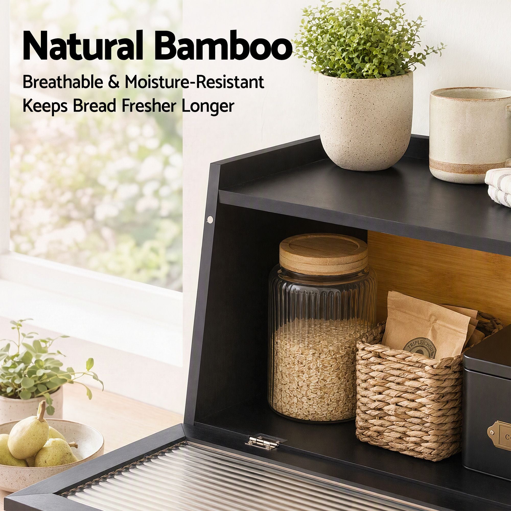 Artiss Bamboo Bread Box Kitchen Countertop Storage Clear Window Shelf 40cm Black Bedworld