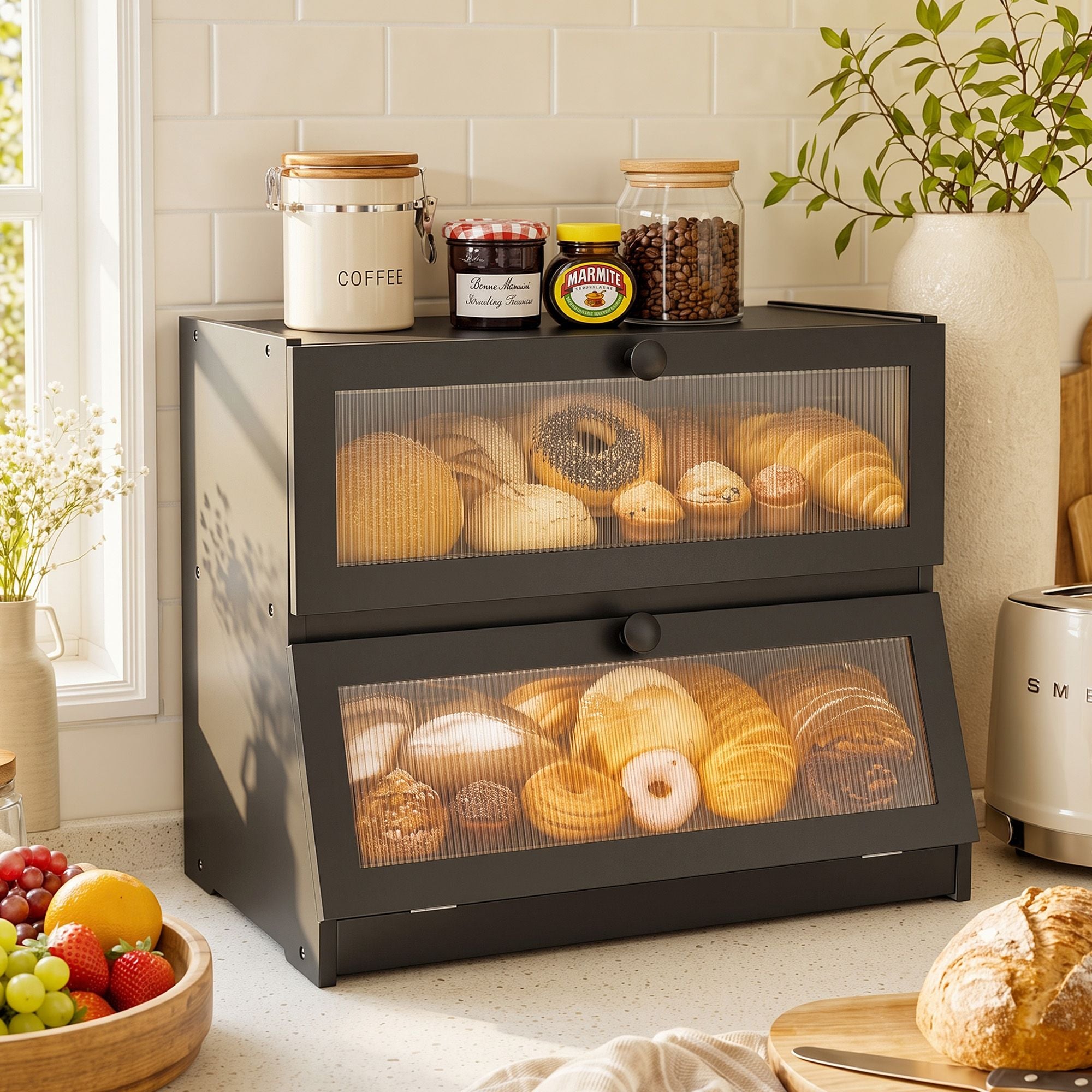 Artiss Bamboo Bread Box 2-Tier Kitchen Countertop Storage 40cm Black Bedworld