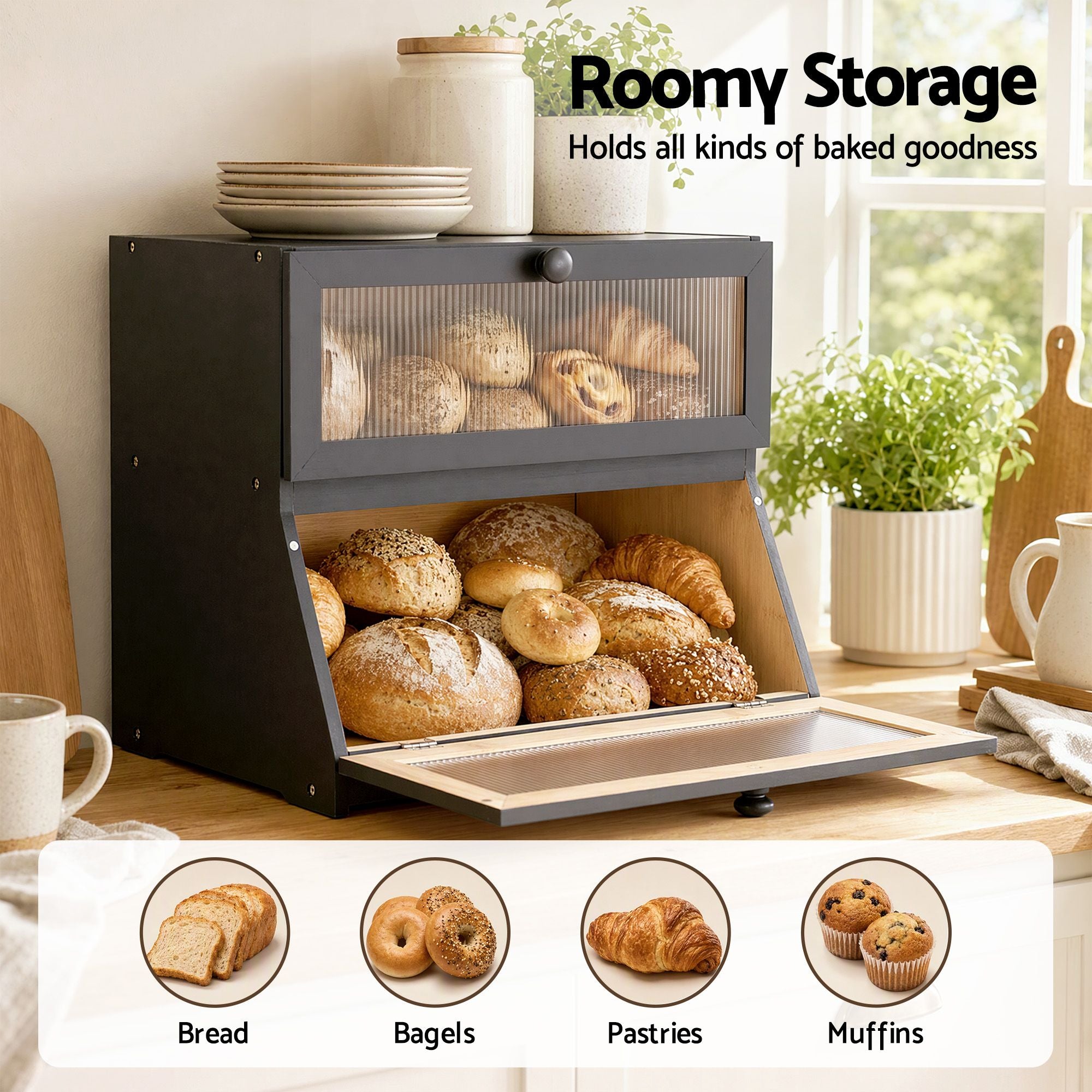 Artiss Bamboo Bread Box 2-Tier Kitchen Countertop Storage 40cm Black Bedworld