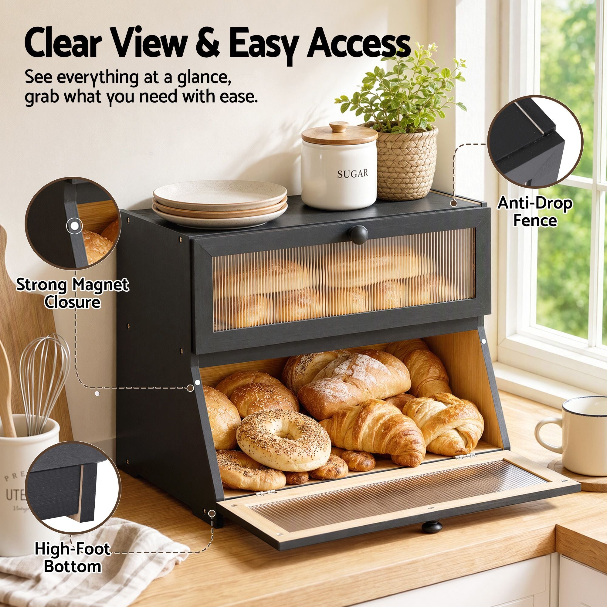Artiss Bamboo Bread Box 2-Tier Kitchen Countertop Storage 40cm Black Bedworld