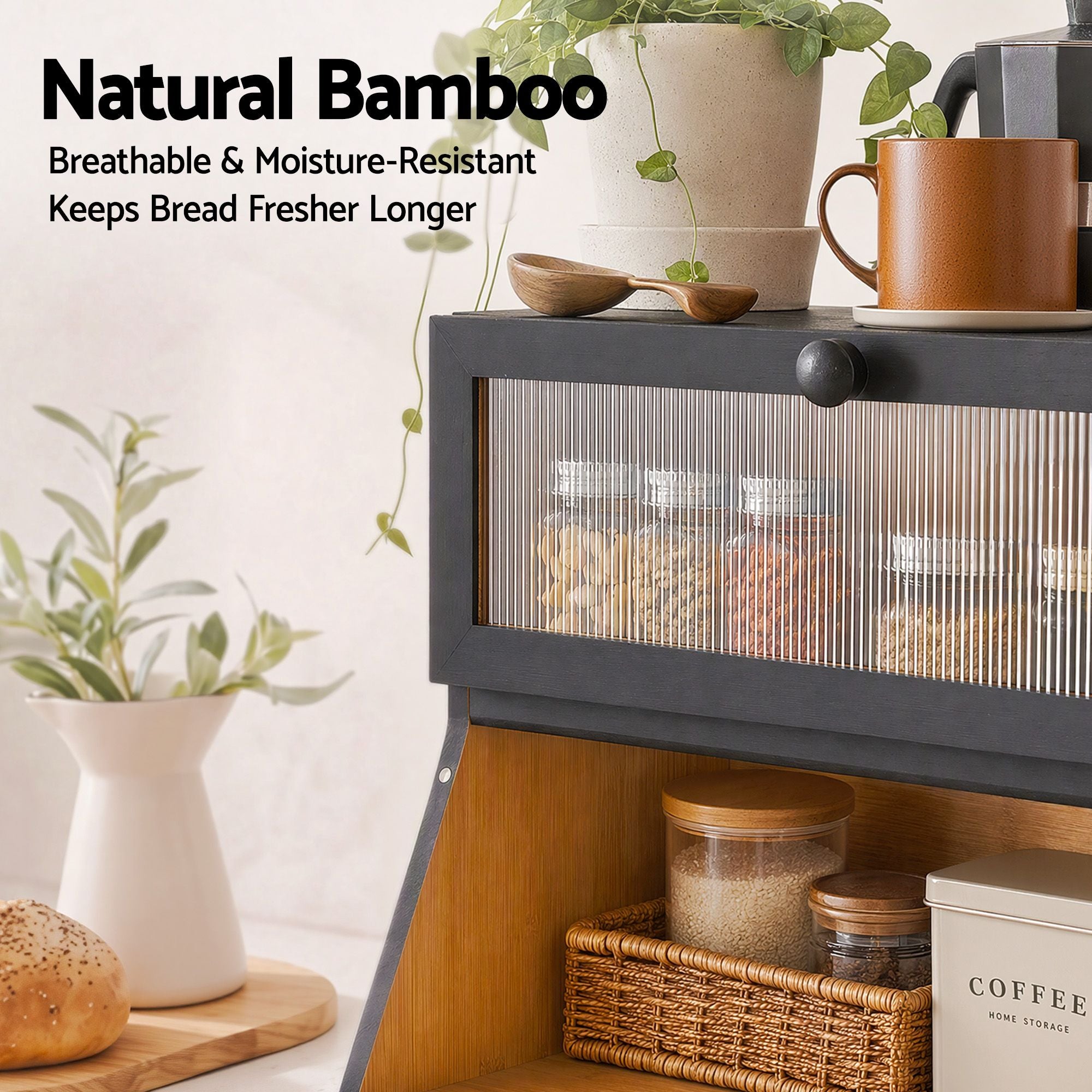 Artiss Bamboo Bread Box 2-Tier Kitchen Countertop Storage 40cm Black Bedworld