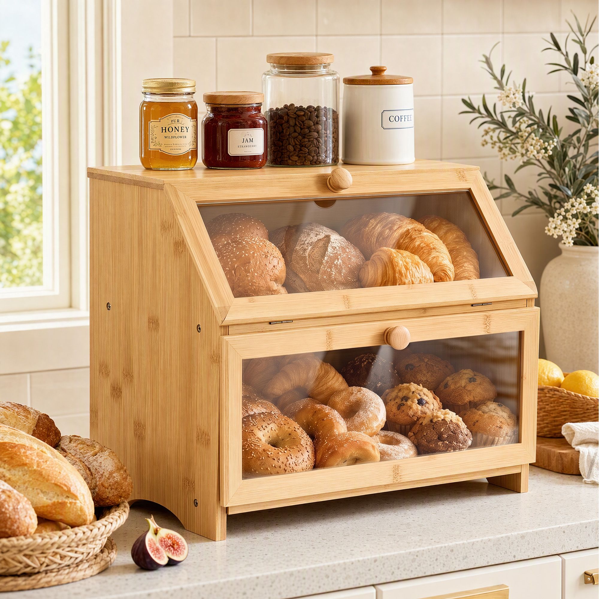 Artiss Bamboo Bread Box 2-Tier Kitchen Countertop Storage 39cm Natural Bedworld