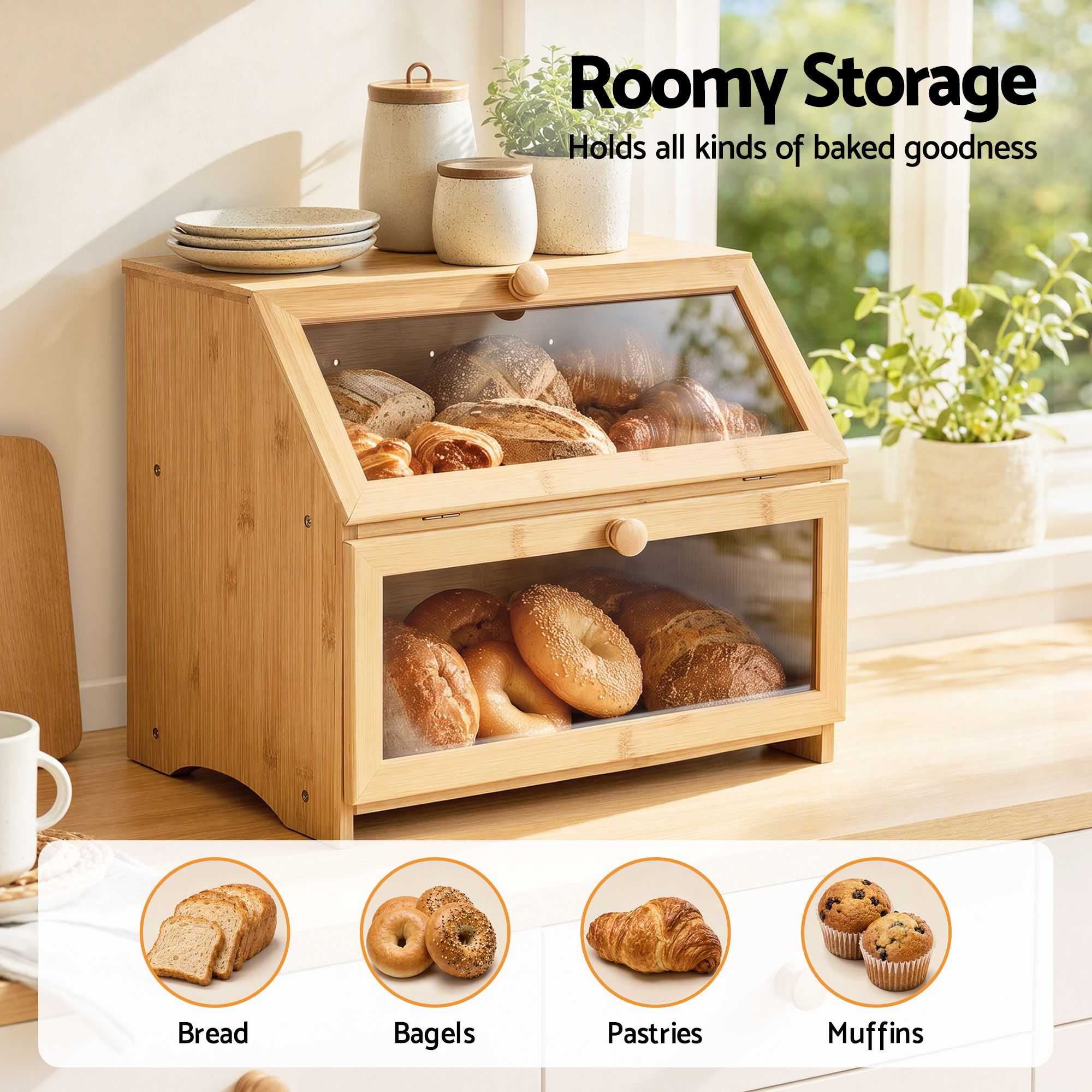 Artiss Bamboo Bread Box 2-Tier Kitchen Countertop Storage 39cm Natural Bedworld
