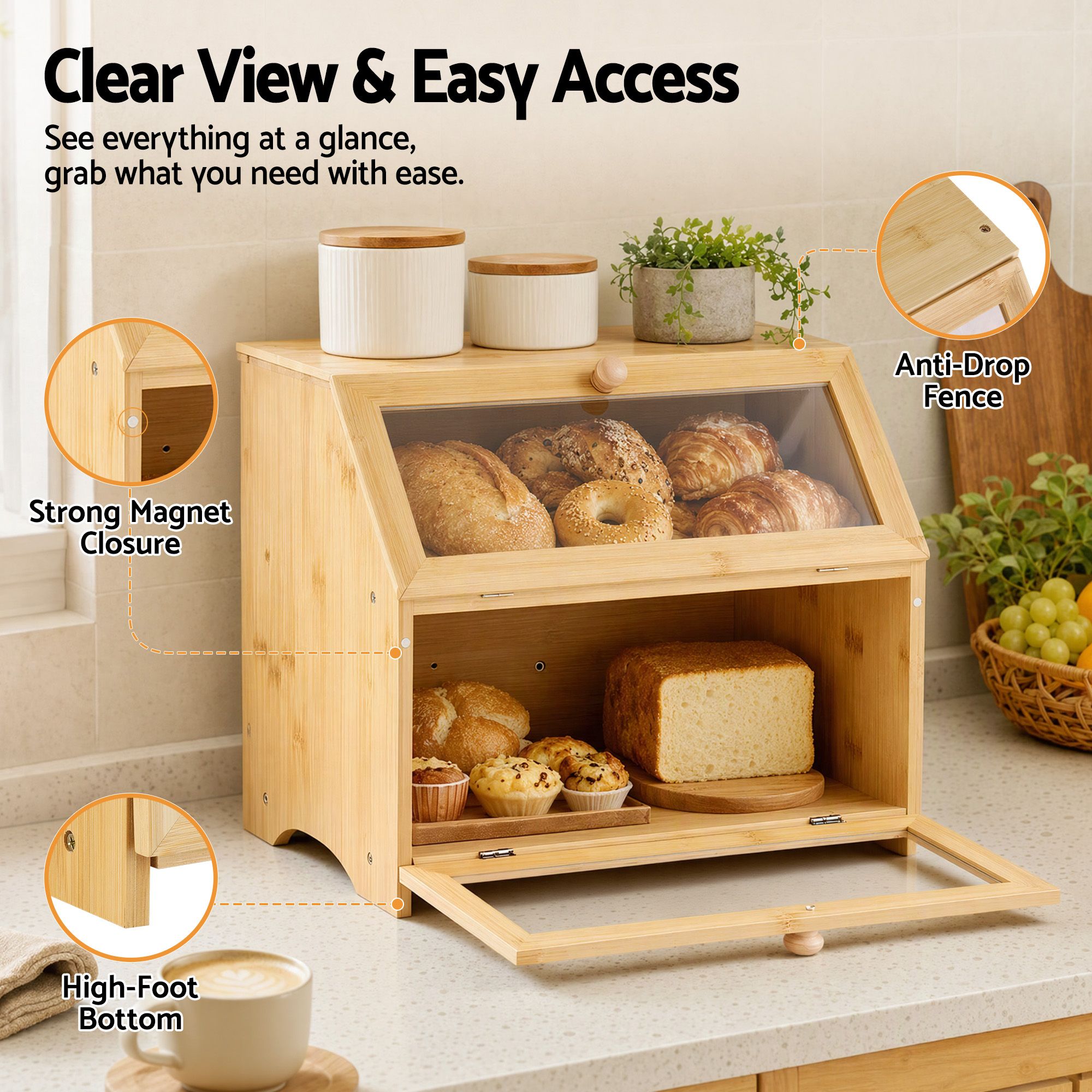 Artiss Bamboo Bread Box 2-Tier Kitchen Countertop Storage 39cm Natural Bedworld