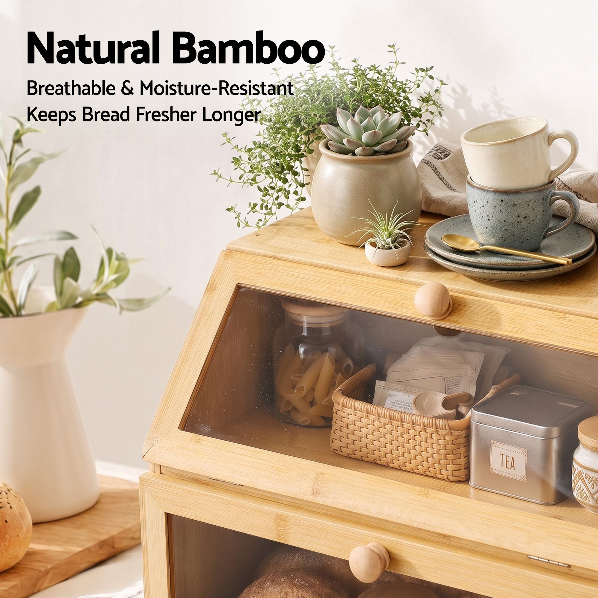 Artiss Bamboo Bread Box 2-Tier Kitchen Countertop Storage 39cm Natural Bedworld