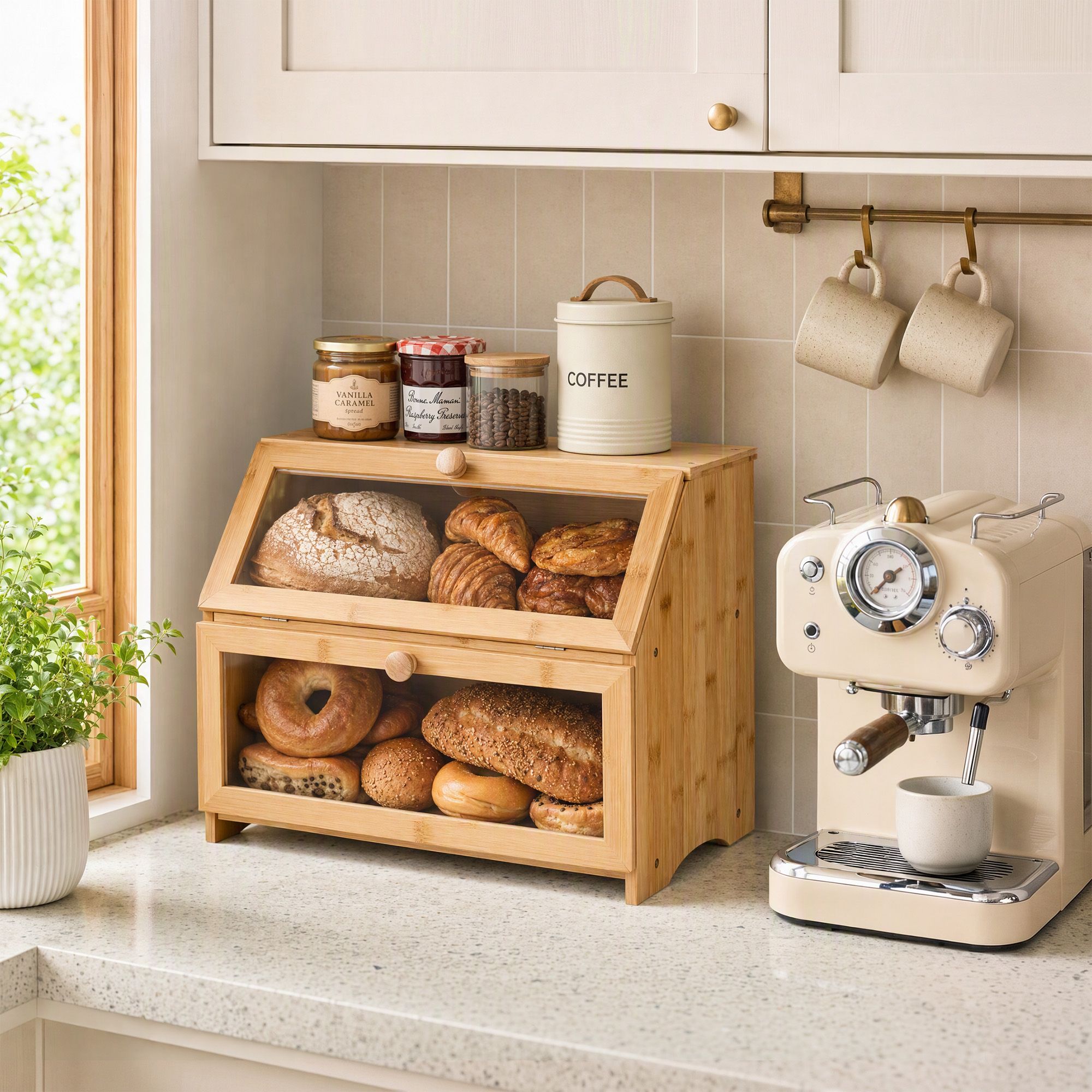 Artiss Bamboo Bread Box 2-Tier Kitchen Countertop Storage 39cm Natural Bedworld