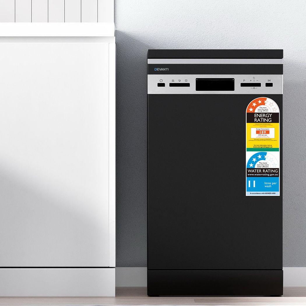 Black freestanding dishwasher with front control panel and display window.