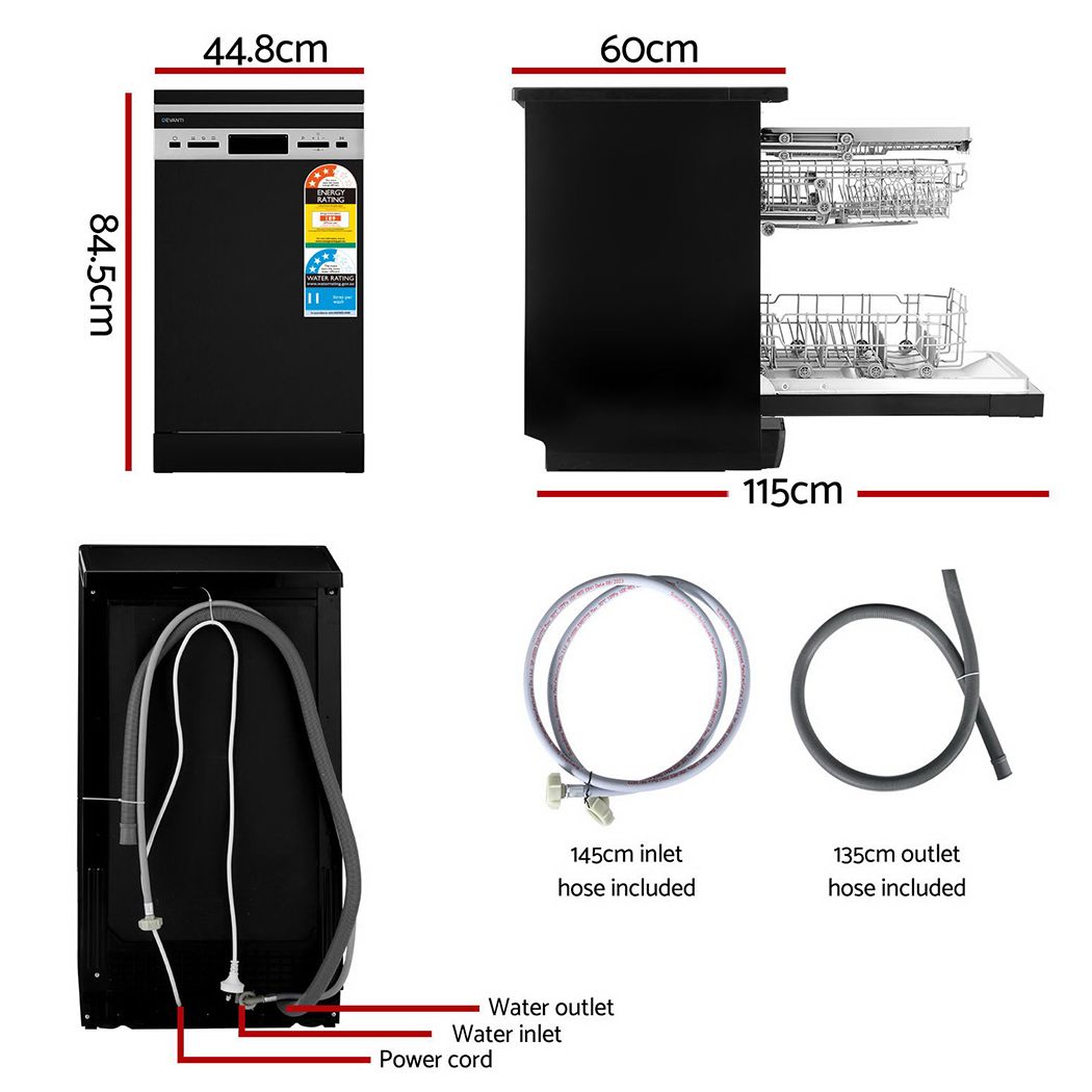 Black dishwasher size diagram with inlet and outlet hose included.