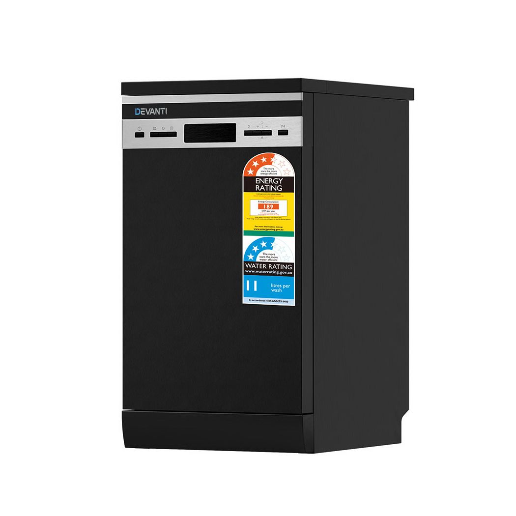 Black freestanding dishwasher with top control panel and front corner view.